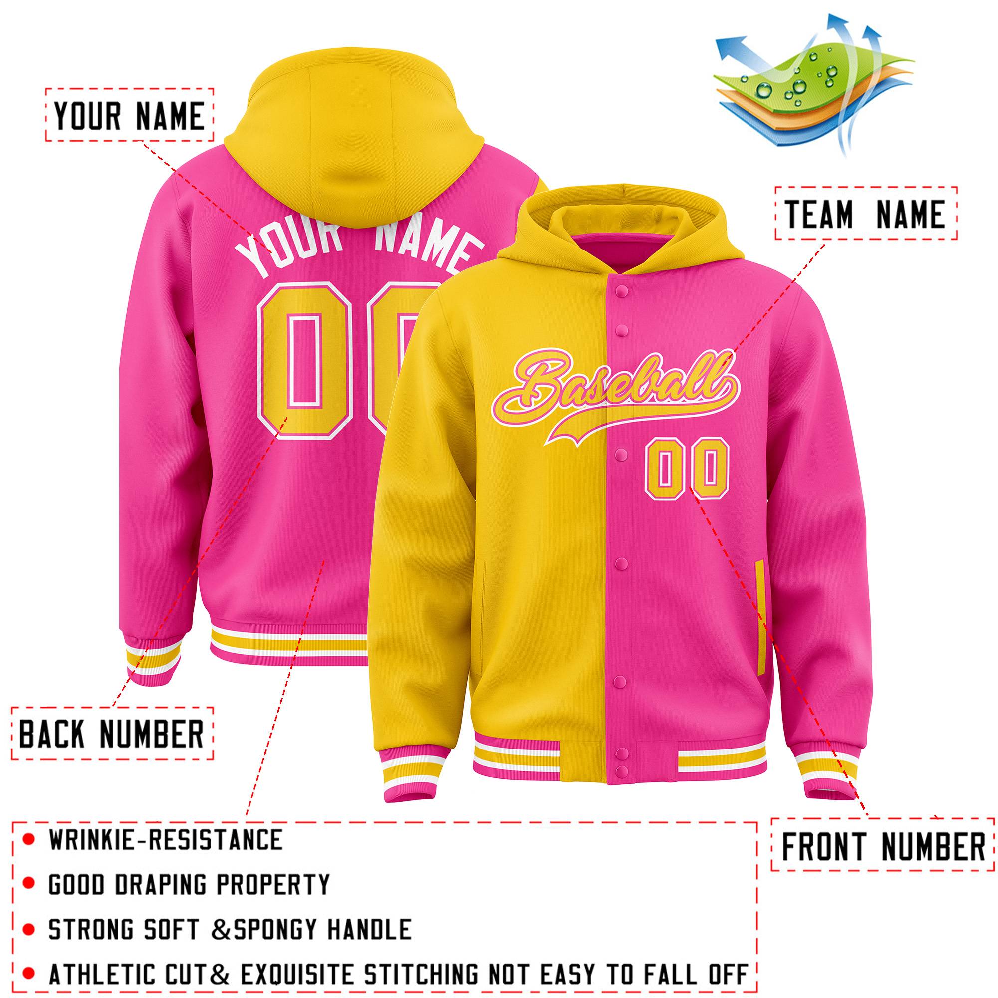 Custom Gold Pink Split Fashion Varsity Full-Snap Letterman Two Tone Jacket Hoodie