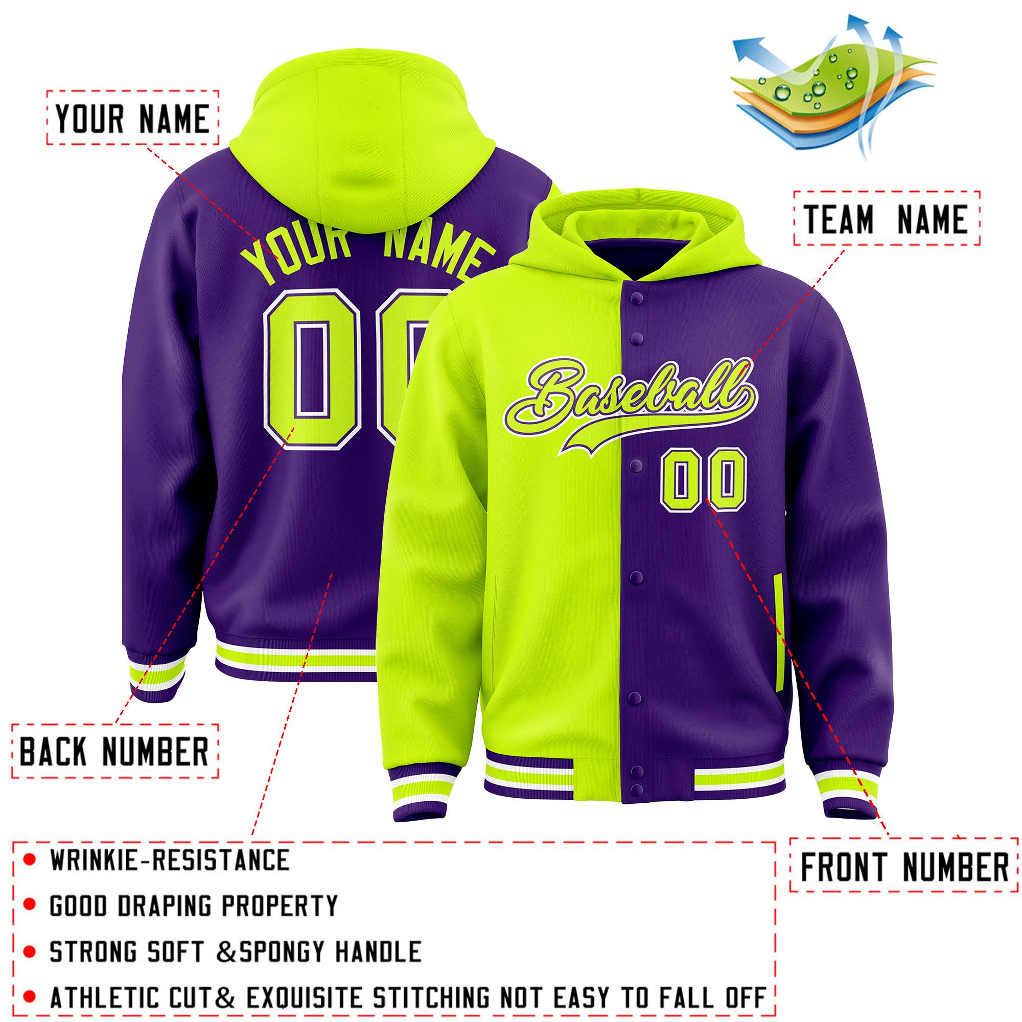 Custom Neon Green Purple Split Fashion Varsity Full-Snap Letterman Two Tone Jacket Hoodie
