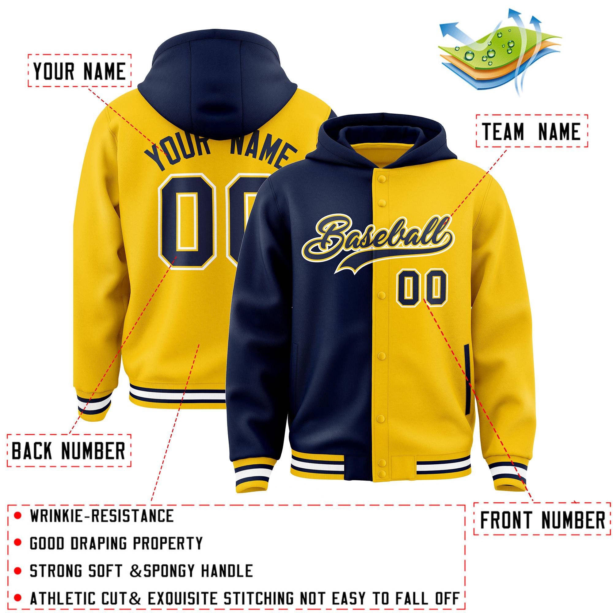 Custom Navy Gold Split Fashion Varsity Full-Snap Letterman Two Tone Jacket Hoodie