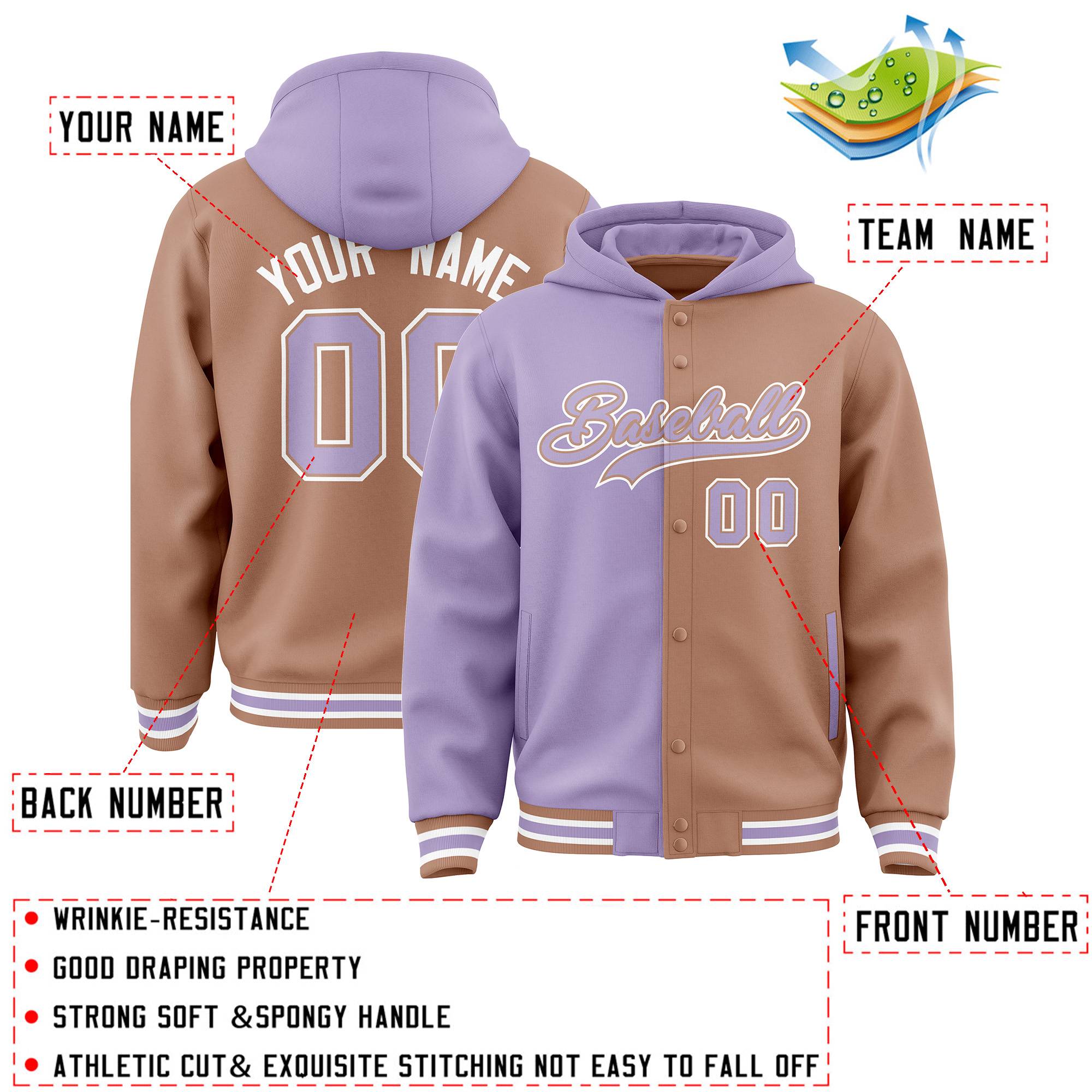 Custom Light Purple Light Brown Split Fashion Varsity Full-Snap Letterman Two Tone Jacket Hoodie