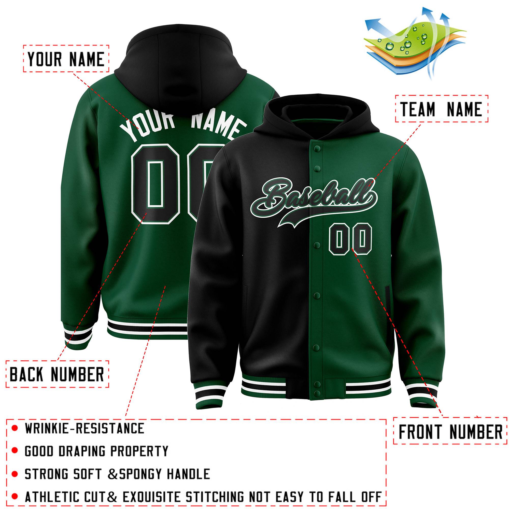 Custom Black Green Split Fashion Varsity Full-Snap Letterman Two Tone Jacket Hoodie