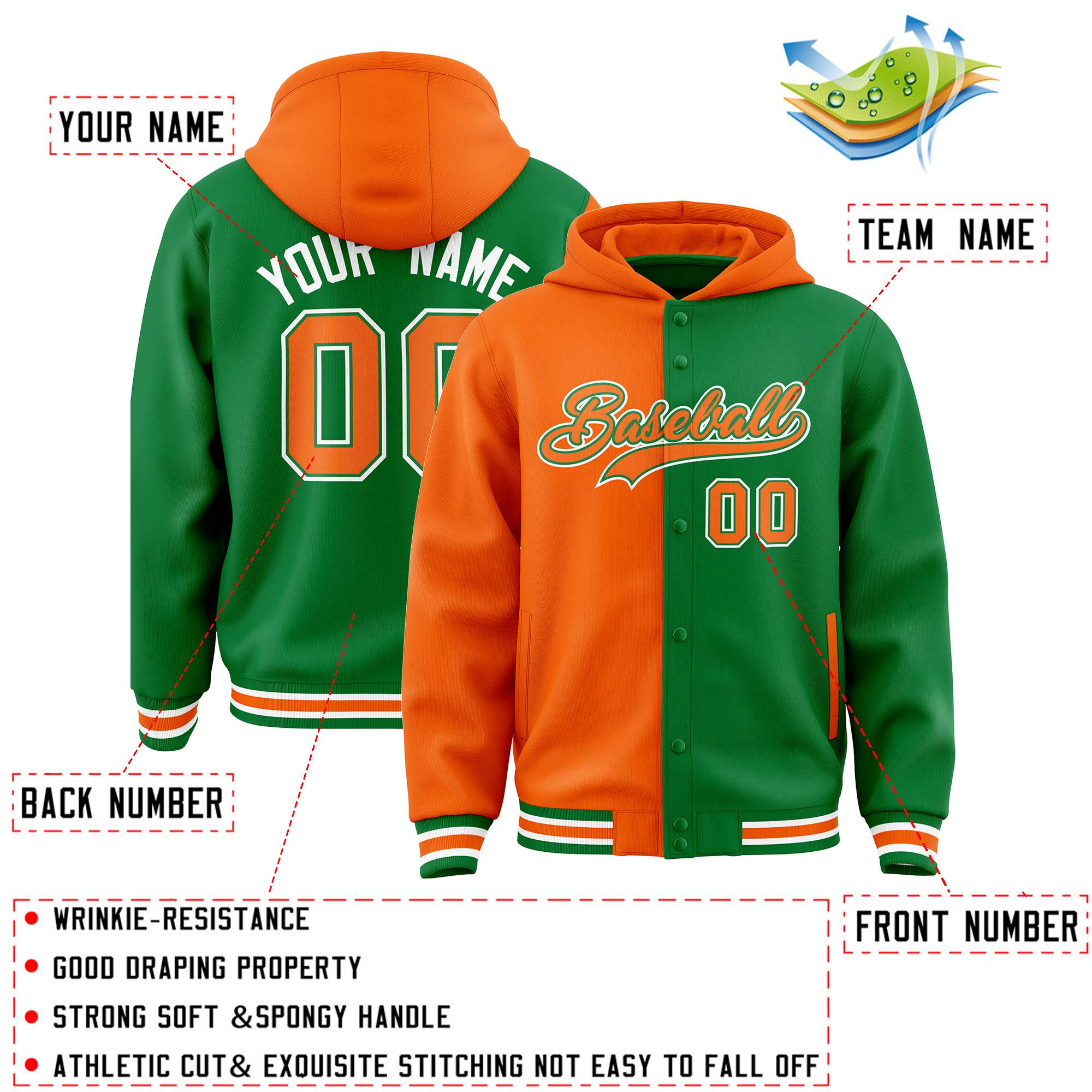 Custom Orange Kelly Green Split Fashion Varsity Full-Snap Letterman Two Tone Jacket Hoodie