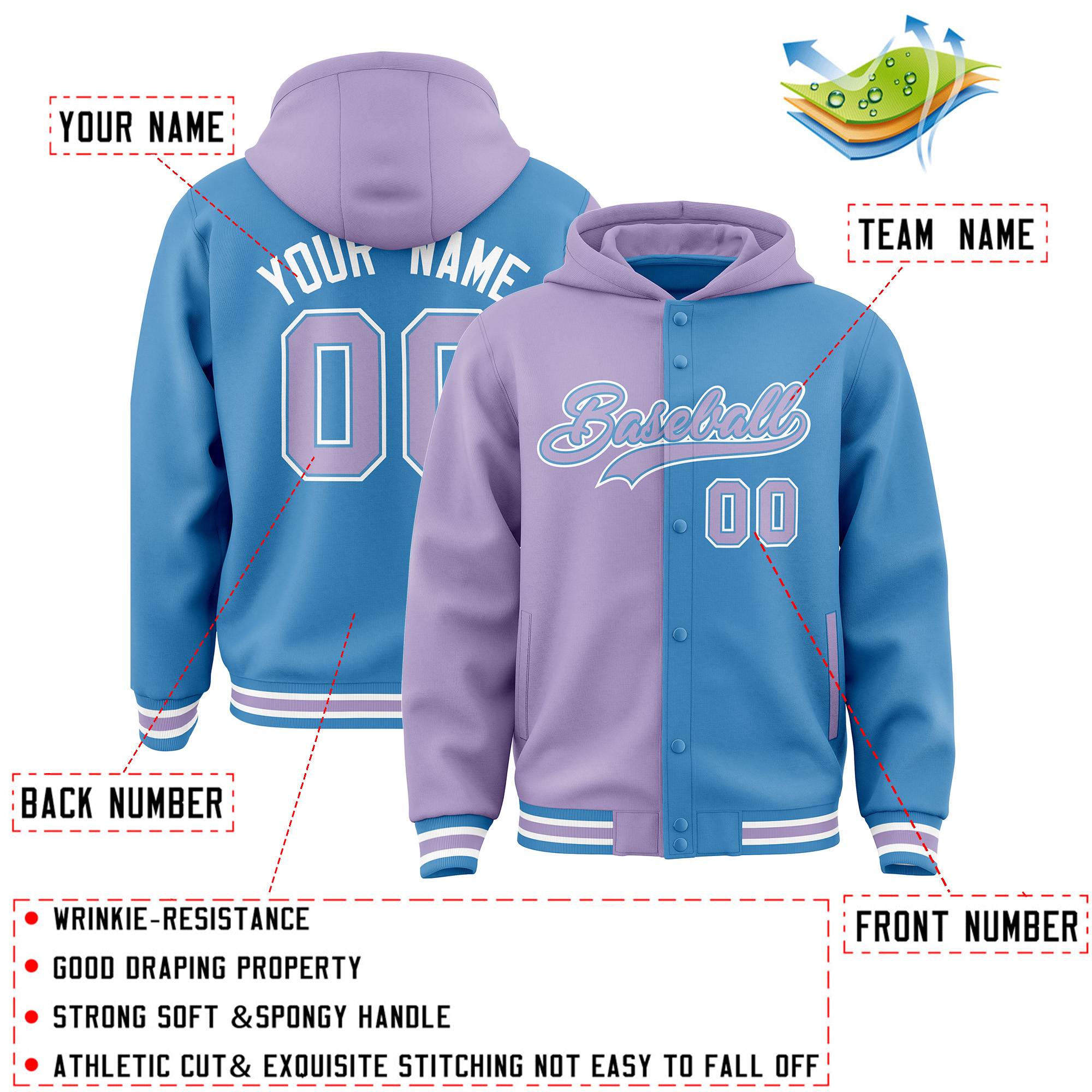 Custom Light Purple Powder Blue Split Fashion Varsity Full-Snap Letterman Two Tone Jacket Hoodie