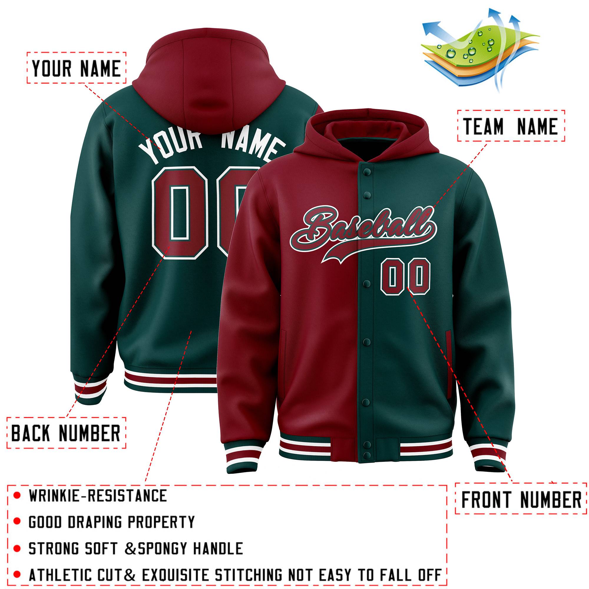Custom Crimson Midnight Green Split Fashion Varsity Full-Snap Letterman Two Tone Jacket Hoodie