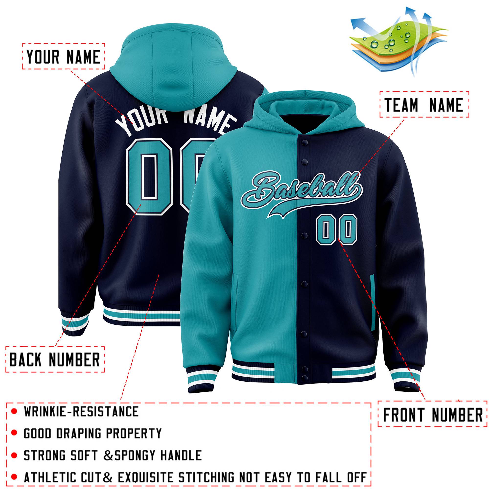 Custom Aqua Navy Split Fashion Varsity Full-Snap Letterman Two Tone Jacket Hoodie