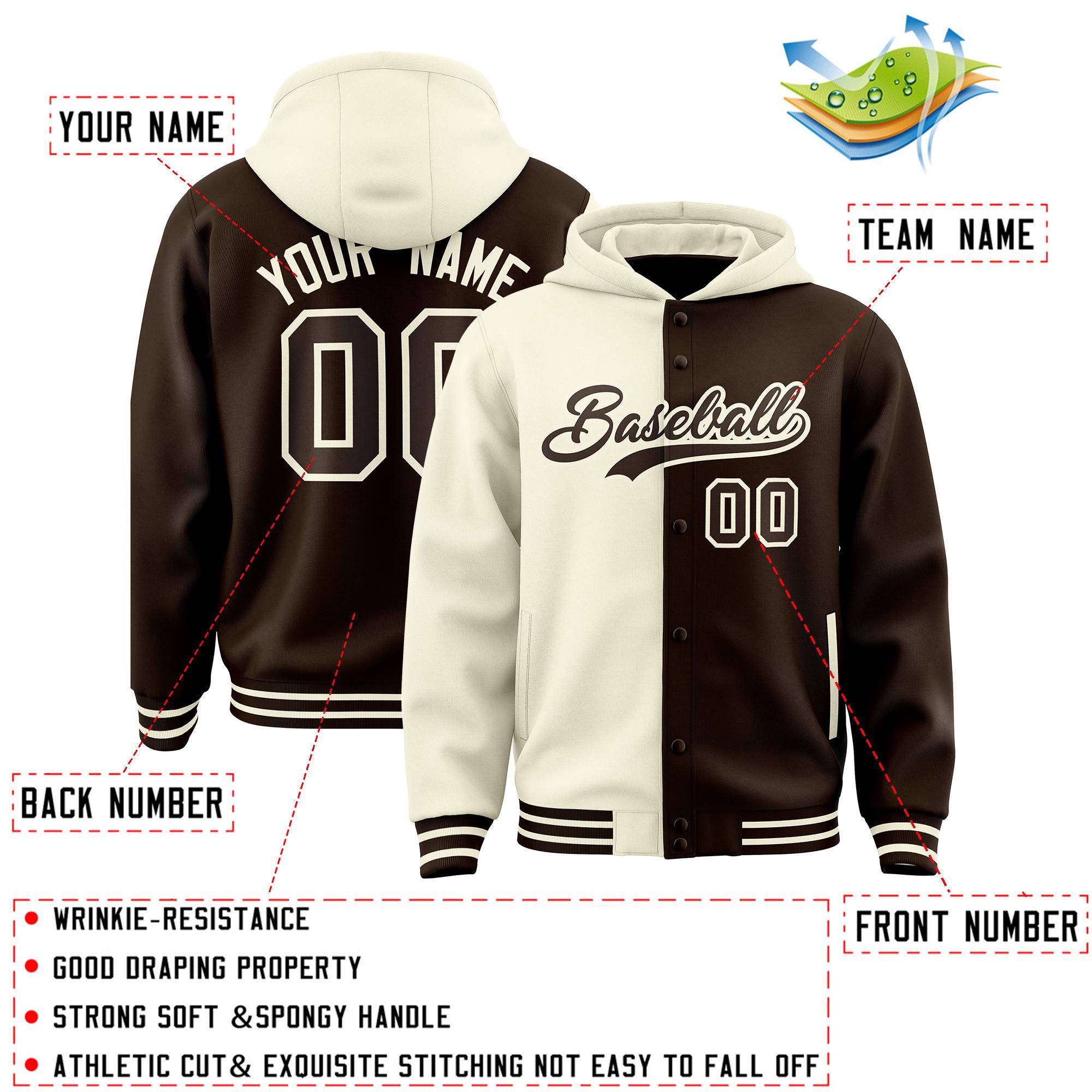 Custom Cream Brown Split Fashion Varsity Full-Snap Letterman Two Tone Jacket Hoodie