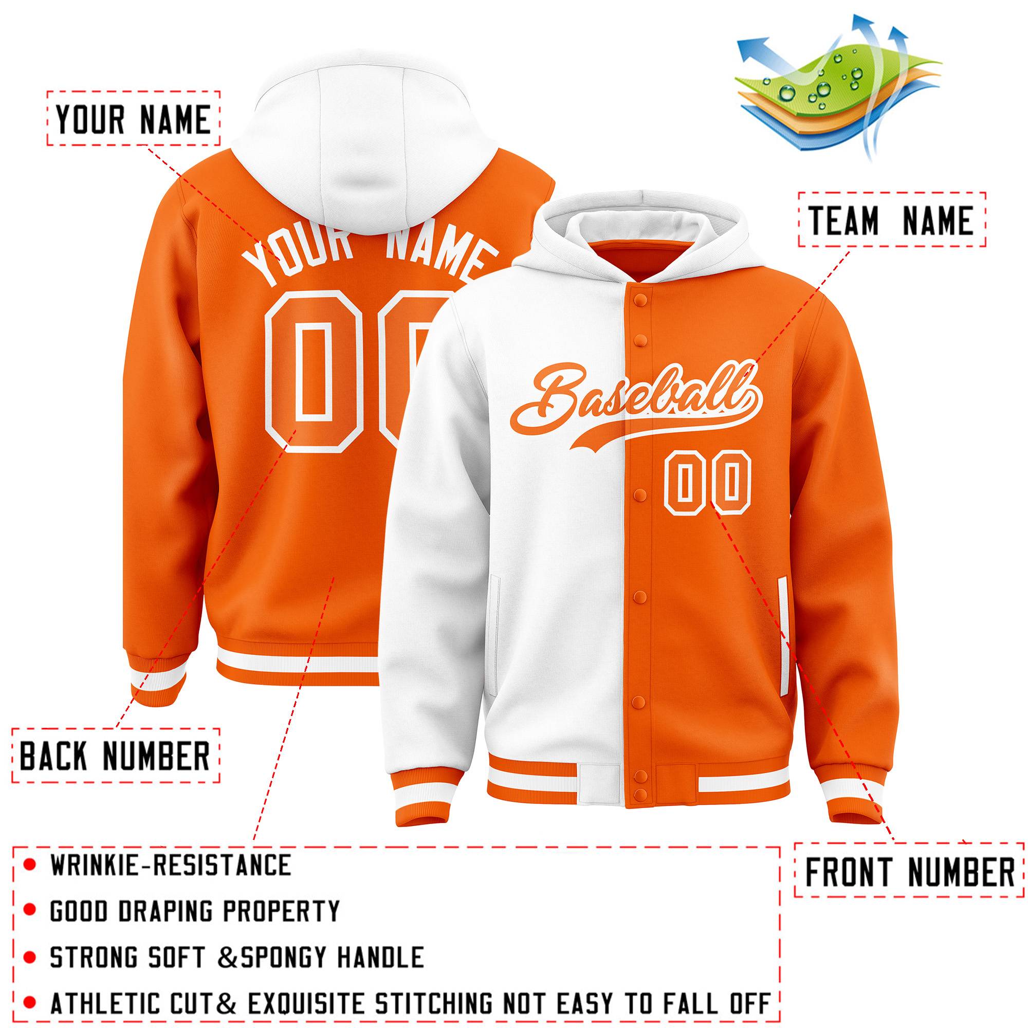 Custom White Orange Split Fashion Varsity Full-Snap Letterman Two Tone Jacket Hoodie
