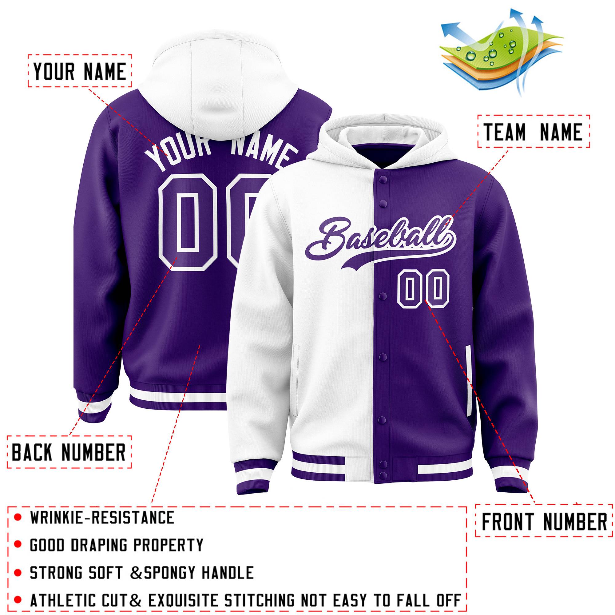 Custom White Purple Split Fashion Varsity Full-Snap Letterman Two Tone Jacket Hoodie