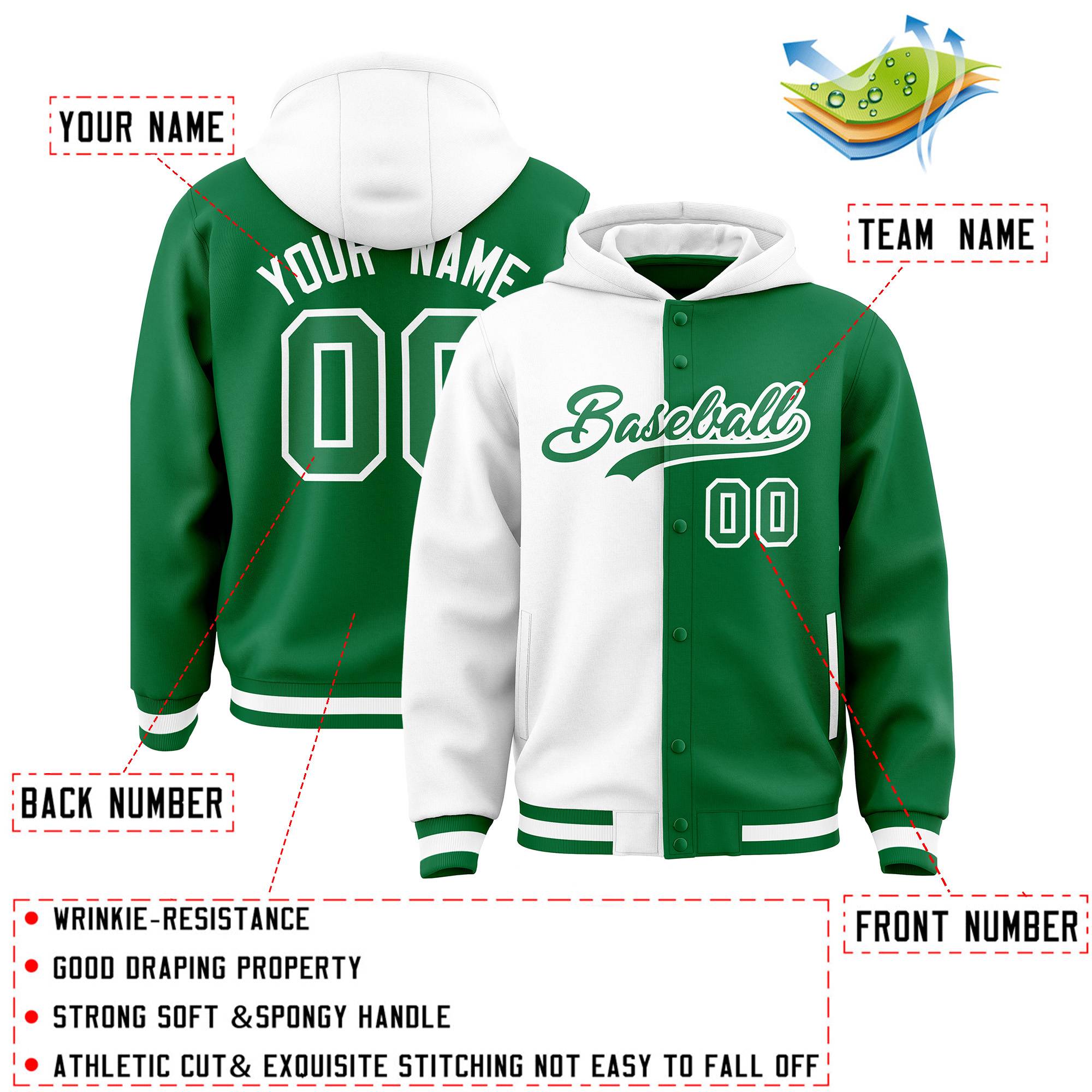 Custom White Kelly Green Split Fashion Varsity Full-Snap Letterman Two Tone Jacket Hoodie