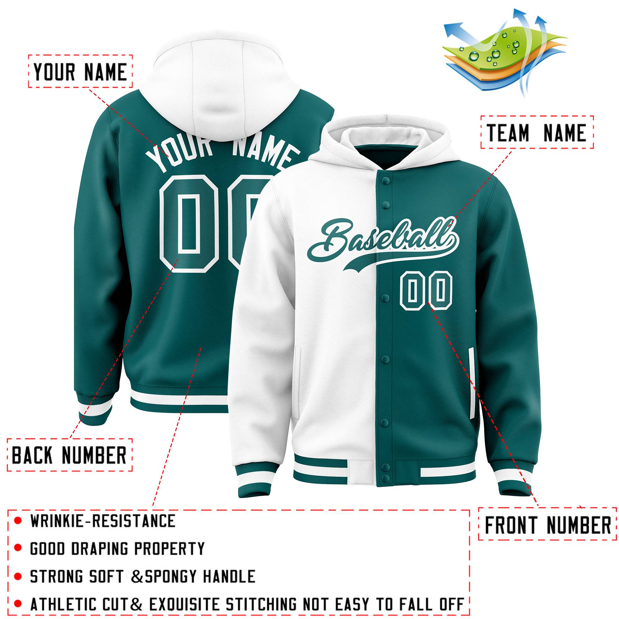 Custom White Aqua Split Fashion Varsity Full-Snap Letterman Two Tone Jacket Hoodie