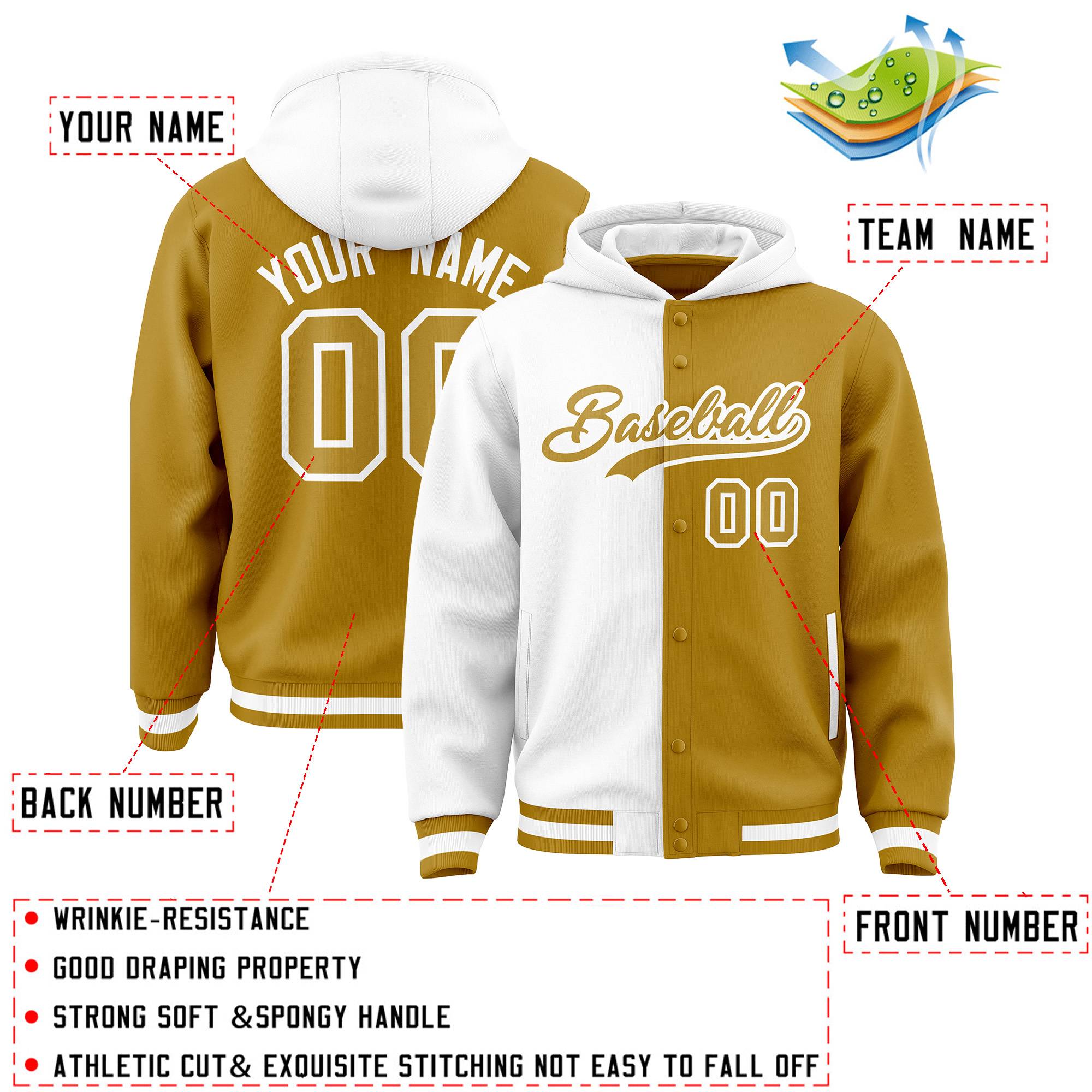 Custom White Old Gold Split Fashion Varsity Full-Snap Letterman Two Tone Jacket Hoodie