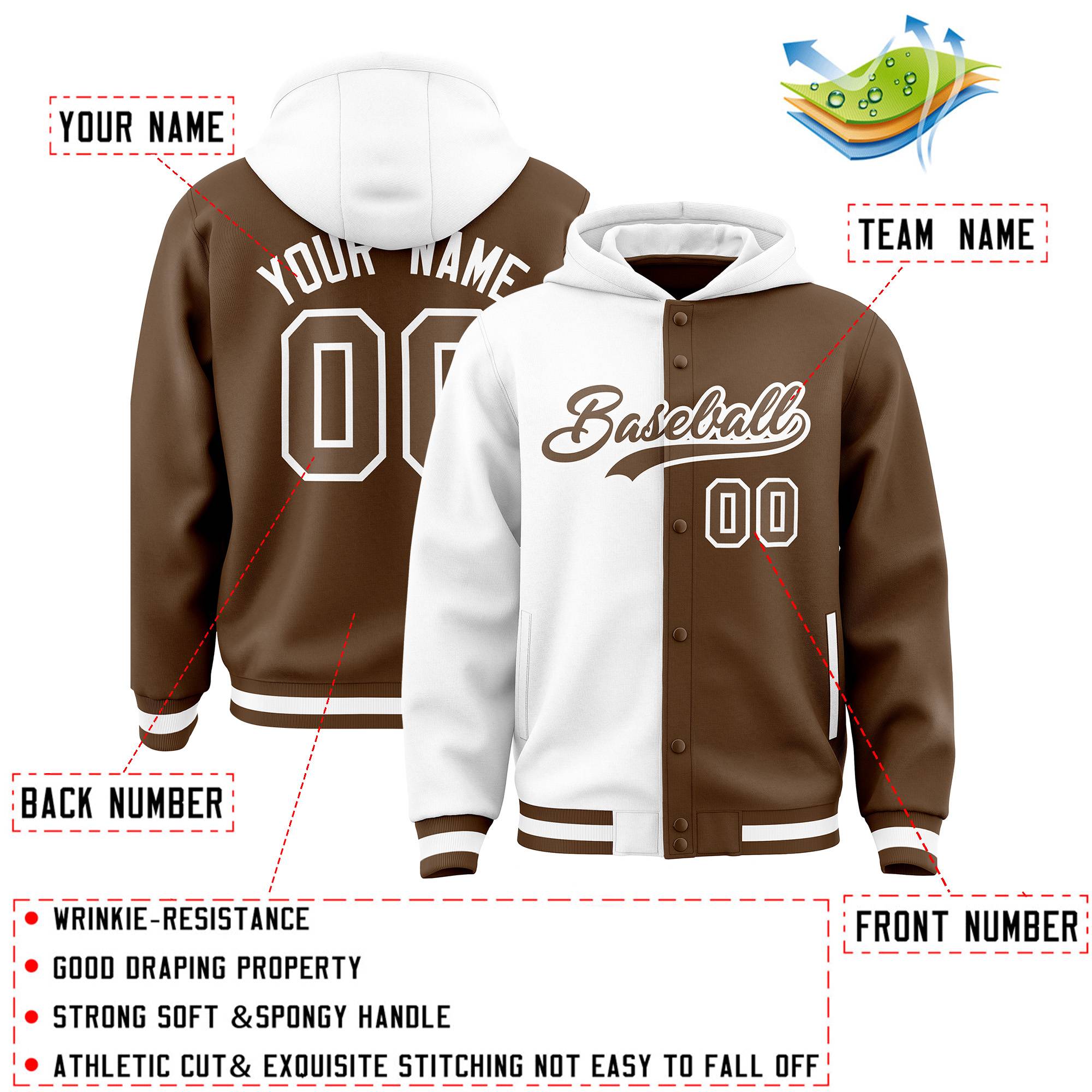 Custom White Light Brown Split Fashion Varsity Full-Snap Letterman Two Tone Jacket Hoodie