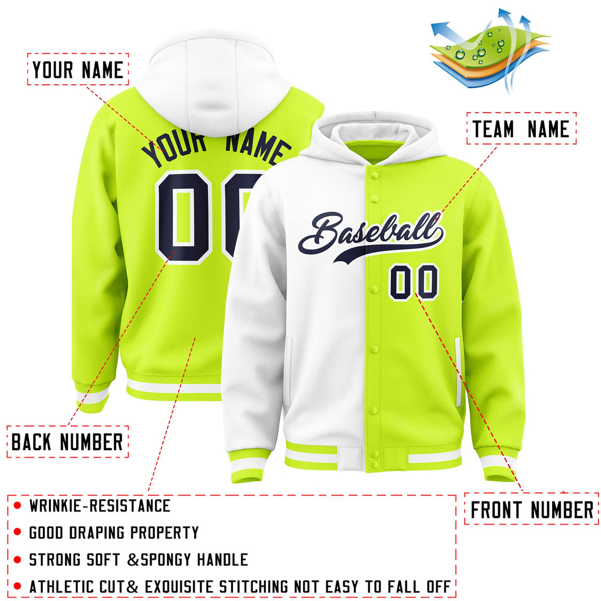 Custom White Neon Green Split Fashion Varsity Full-Snap Letterman Two Tone Jacket Hoodie
