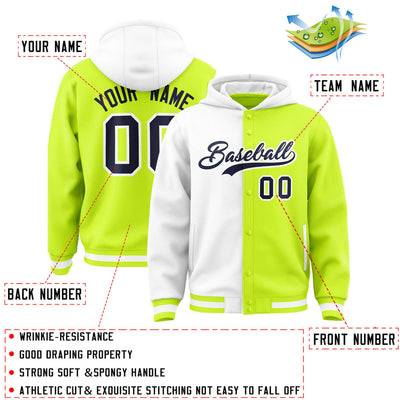 Custom White Neon Green Split Fashion Varsity Full-Snap Letterman Two Tone Jacket Hoodie