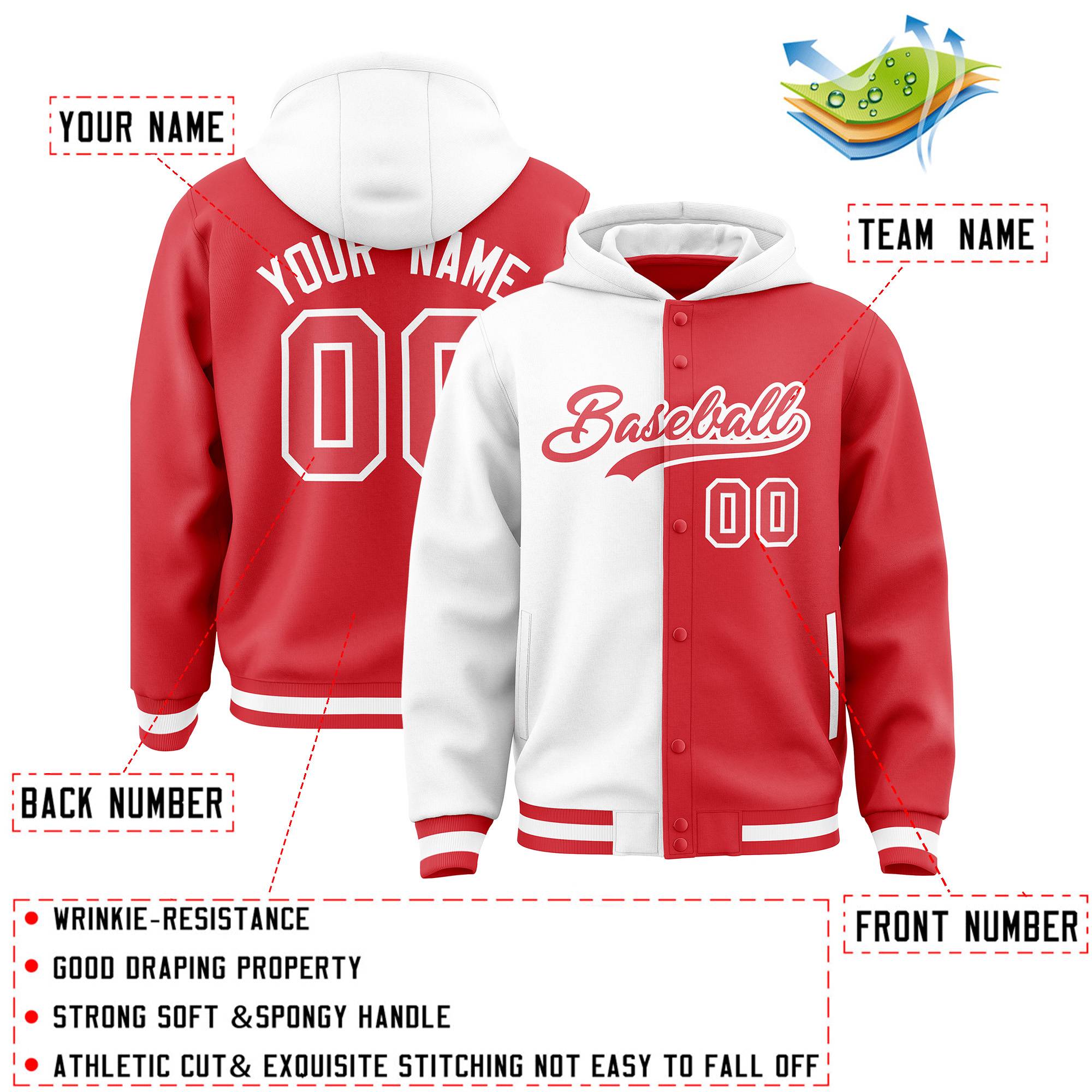 Custom White Light Red Split Fashion Varsity Full-Snap Letterman Two Tone Jacket Hoodie