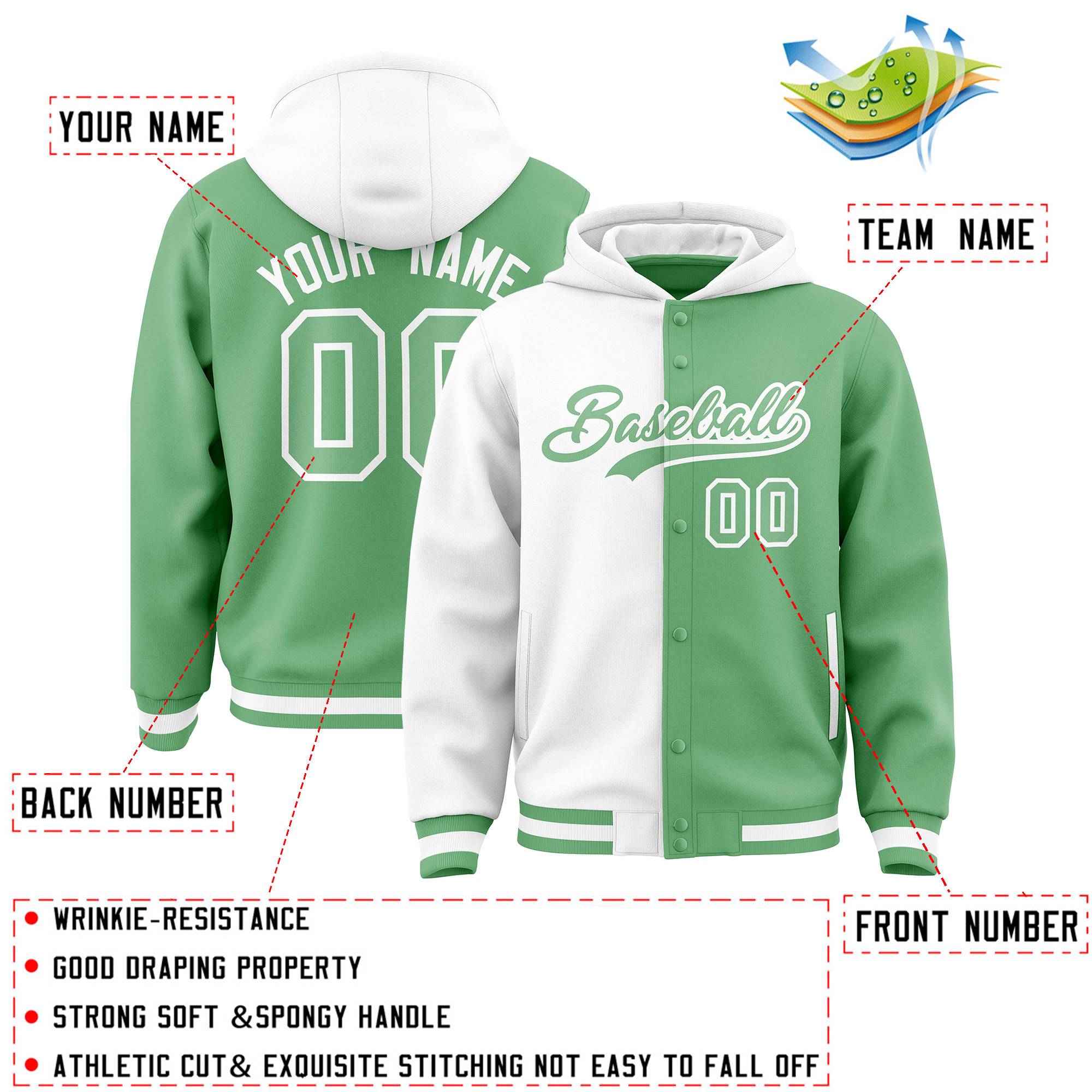 Custom White Green Split Fashion Varsity Full-Snap Letterman Two Tone Jacket Hoodie