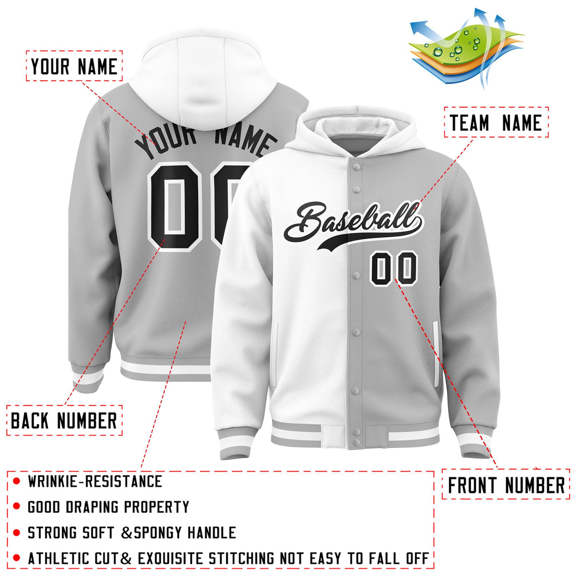 Custom White Gray Split Fashion Varsity Full-Snap Letterman Two Tone Jacket Hoodie