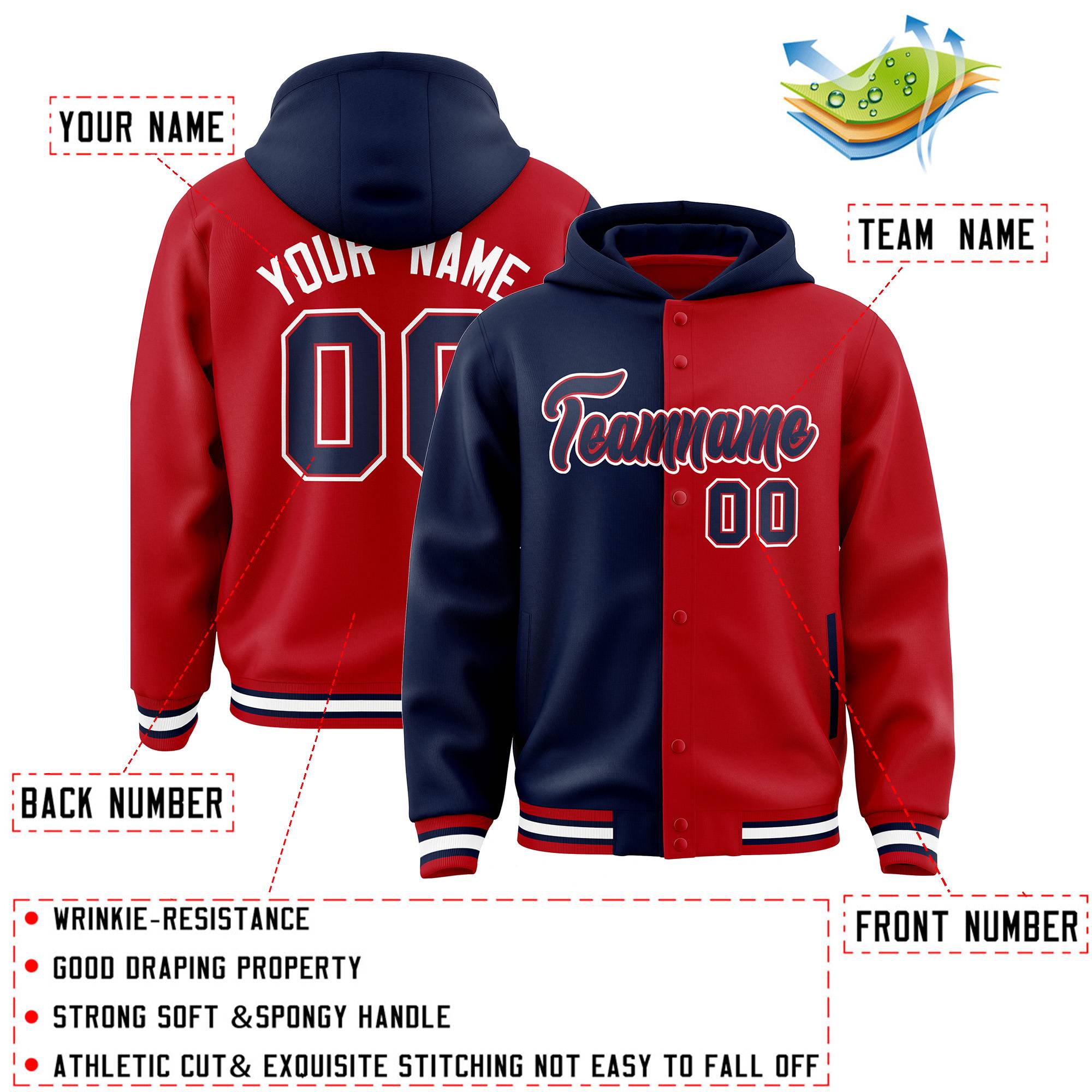 Custom Navy Red Split Fashion Varsity Full-Snap Letterman Two Tone Jacket Hoodie