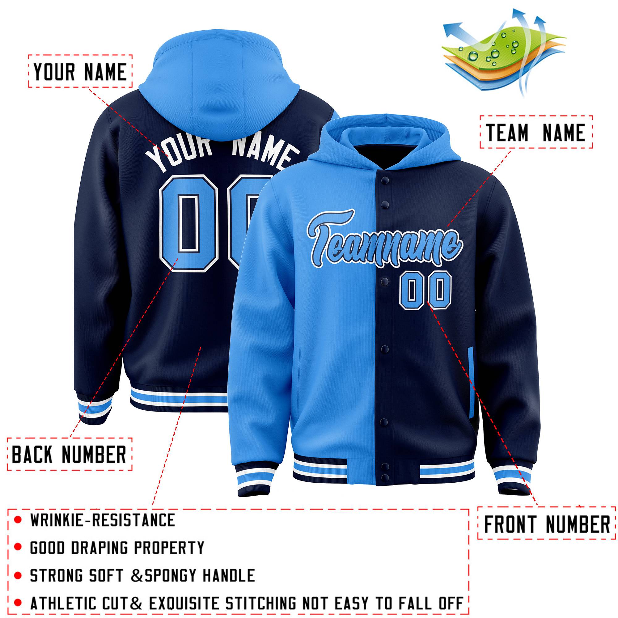 Custom Powder Blue Navy Split Fashion Varsity Full-Snap Letterman Two Tone Jacket Hoodie