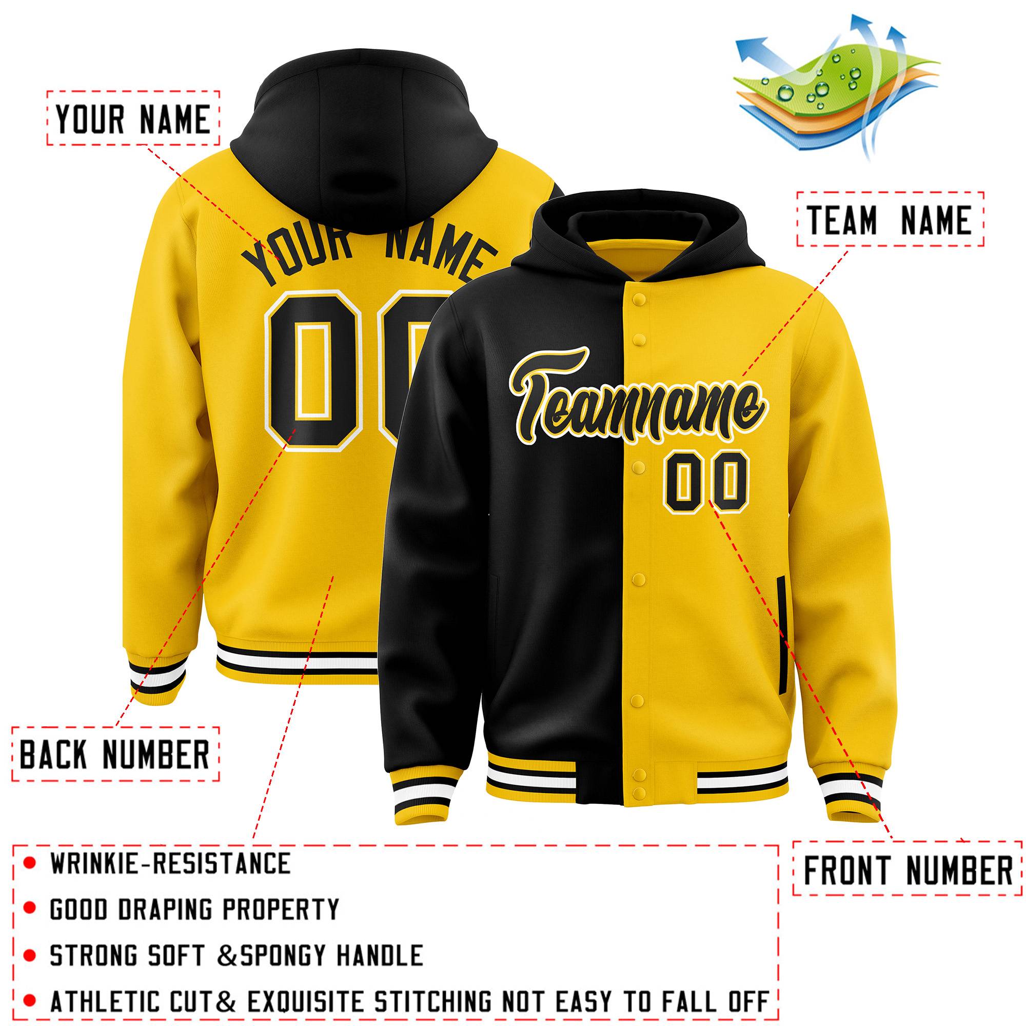 Custom Black Gold Split Fashion Varsity Full-Snap Letterman Two Tone Jacket Hoodie