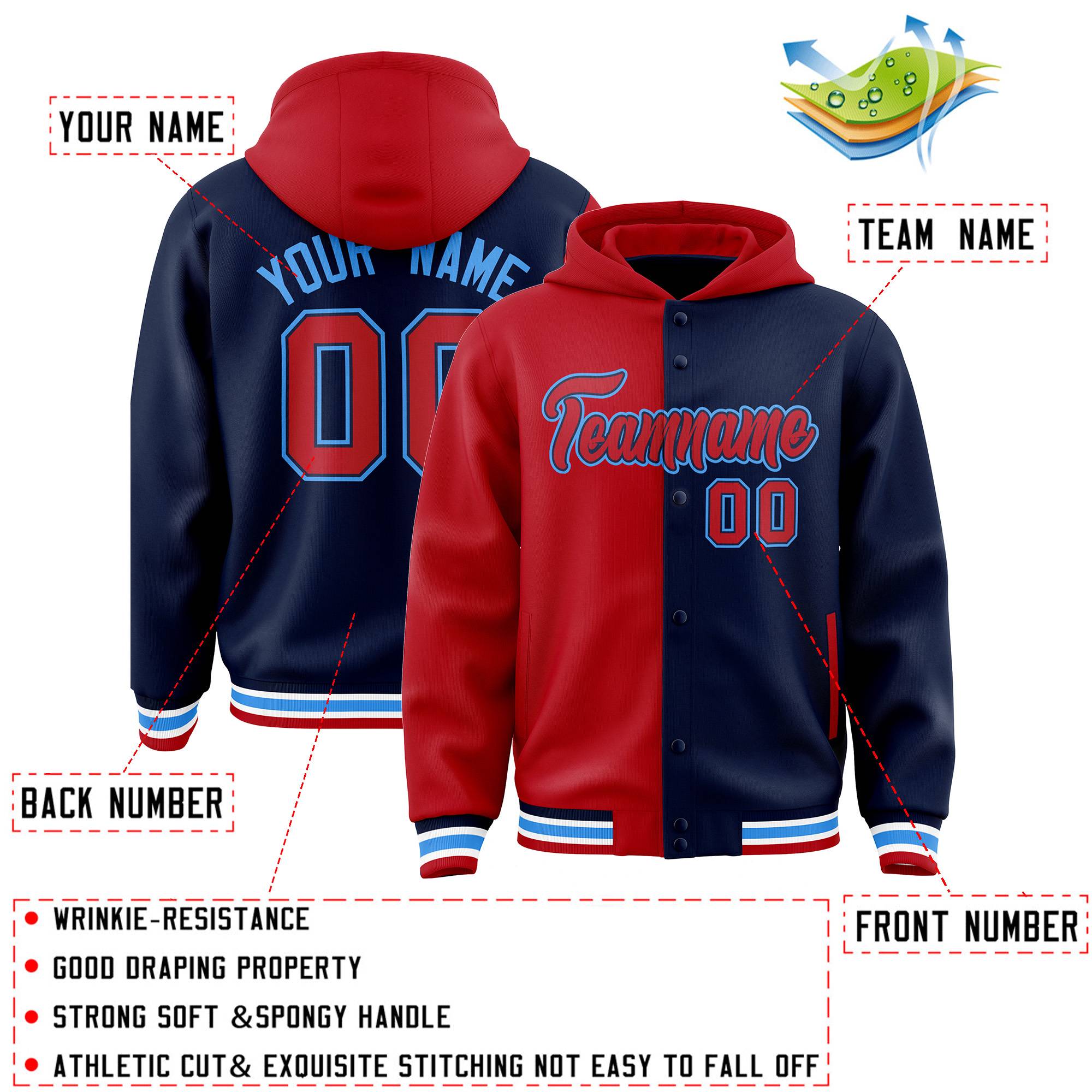 Custom Red Navy Split Fashion Varsity Full-Snap Letterman Two Tone Jacket Hoodie