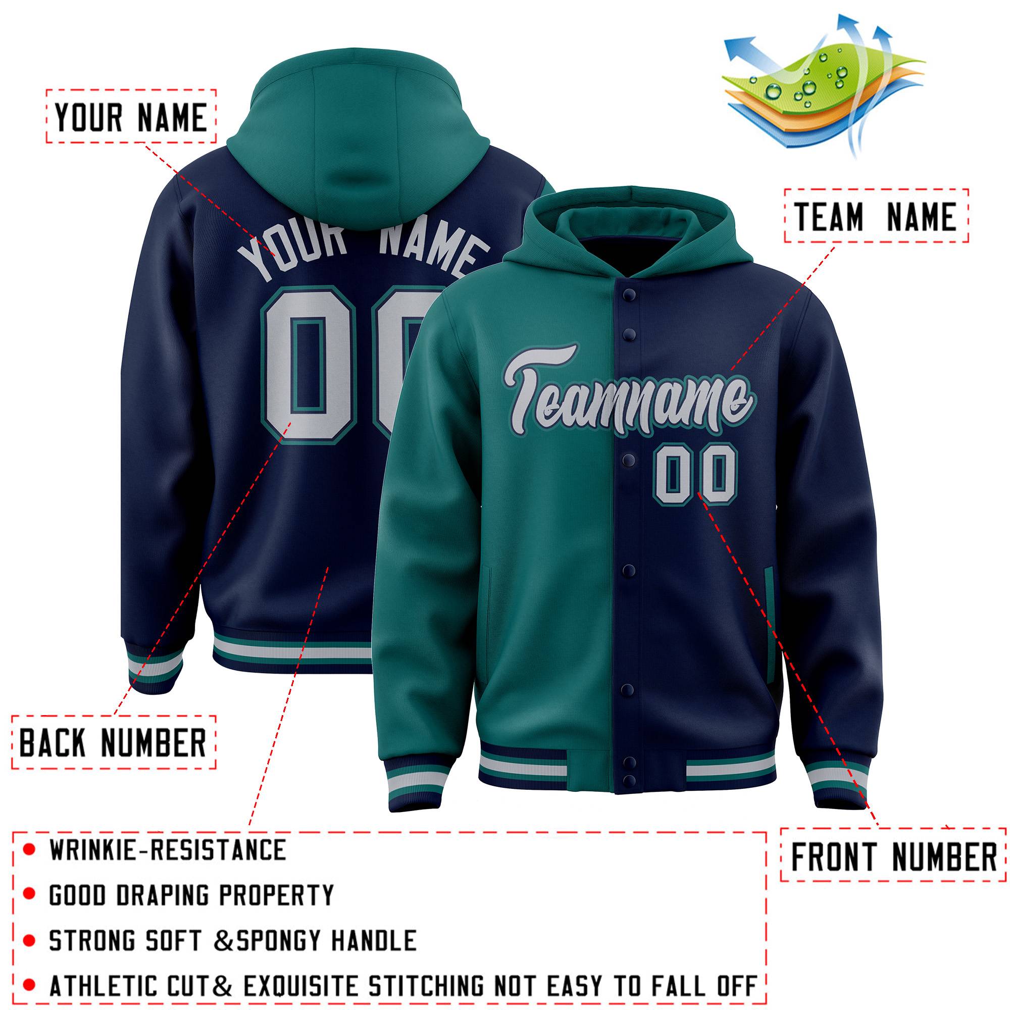 Custom Aqua Navy Split Fashion Varsity Full-Snap Letterman Two Tone Jacket Hoodie