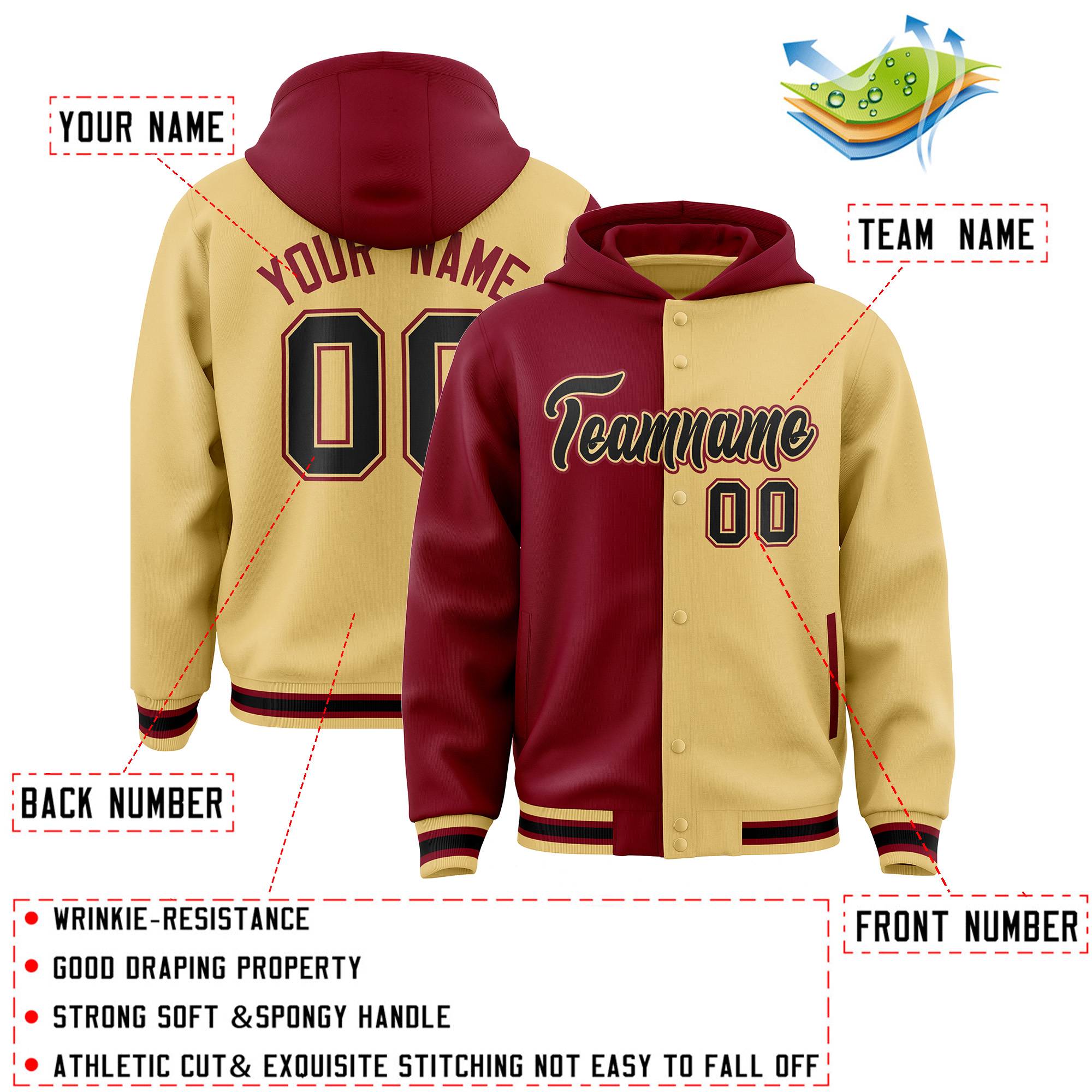 Custom Crimson Khaki Split Fashion Varsity Full-Snap Letterman Two Tone Jacket Hoodie