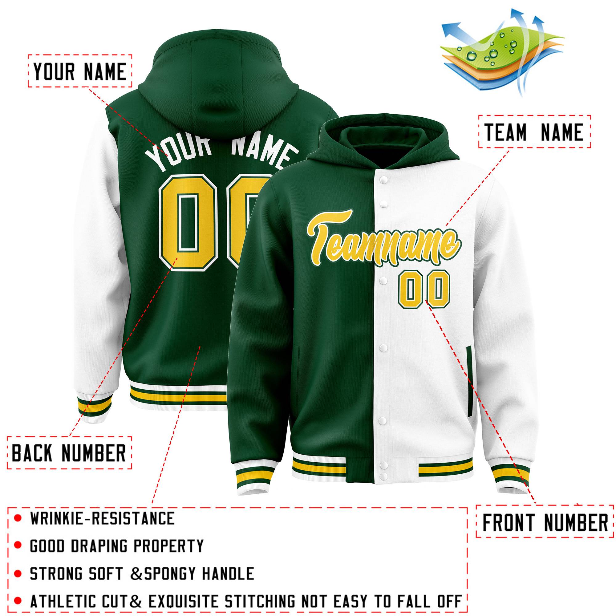 Custom Green White Split Fashion Varsity Full-Snap Letterman Two Tone Jacket Hoodie