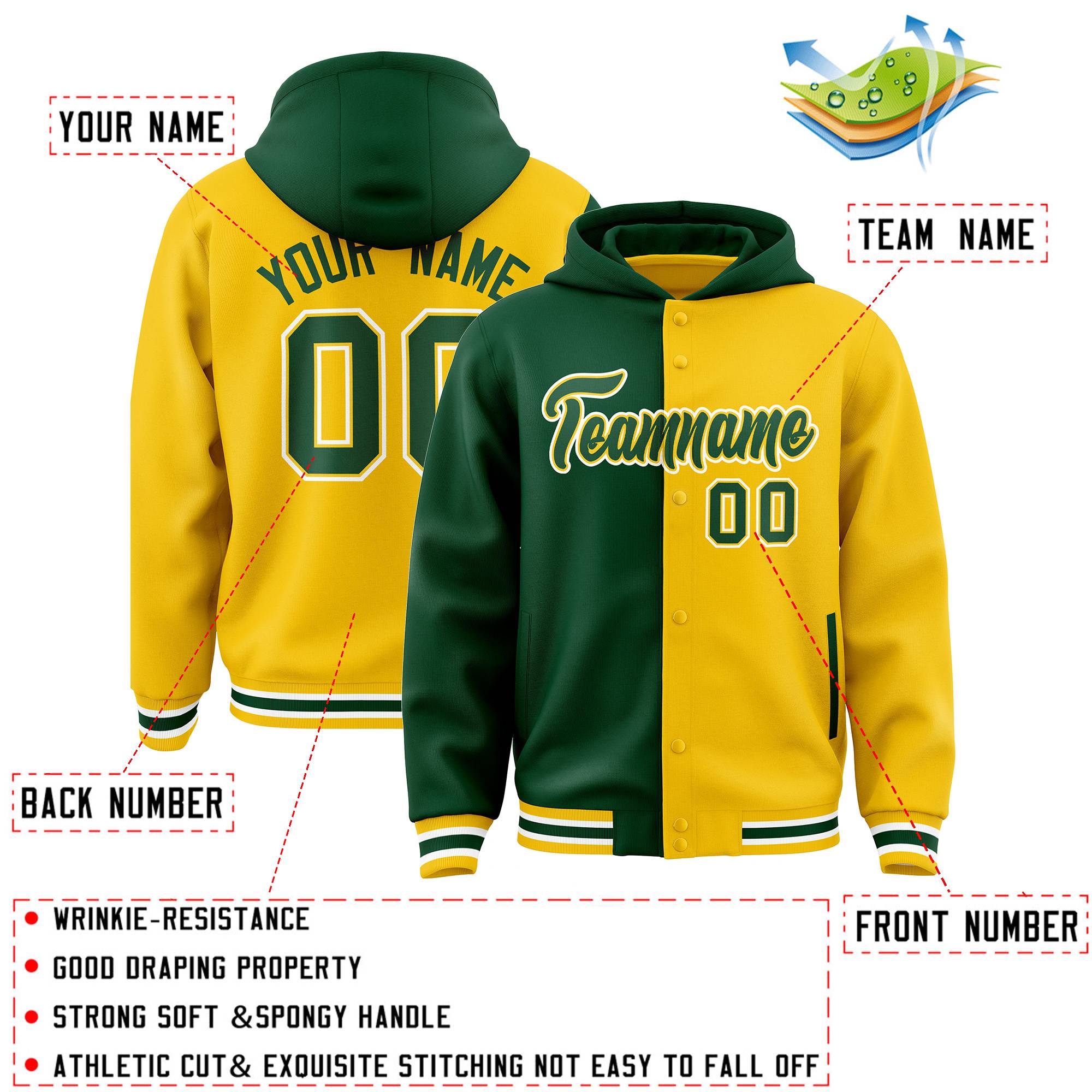 Custom Green Gold Split Fashion Varsity Full-Snap Letterman Two Tone Jacket Hoodie