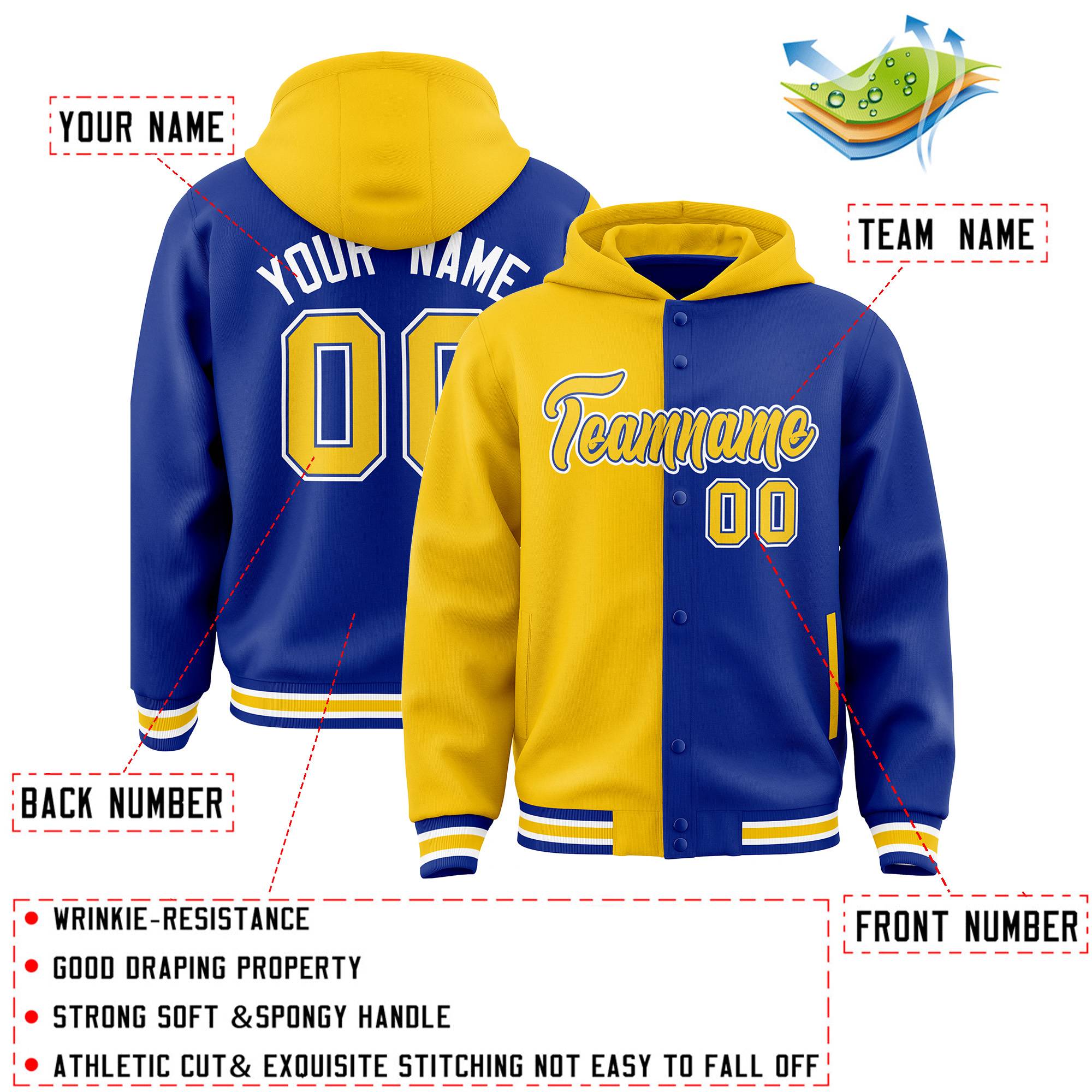Custom Gold Royal Split Fashion Varsity Full-Snap Letterman Two Tone Jacket Hoodie