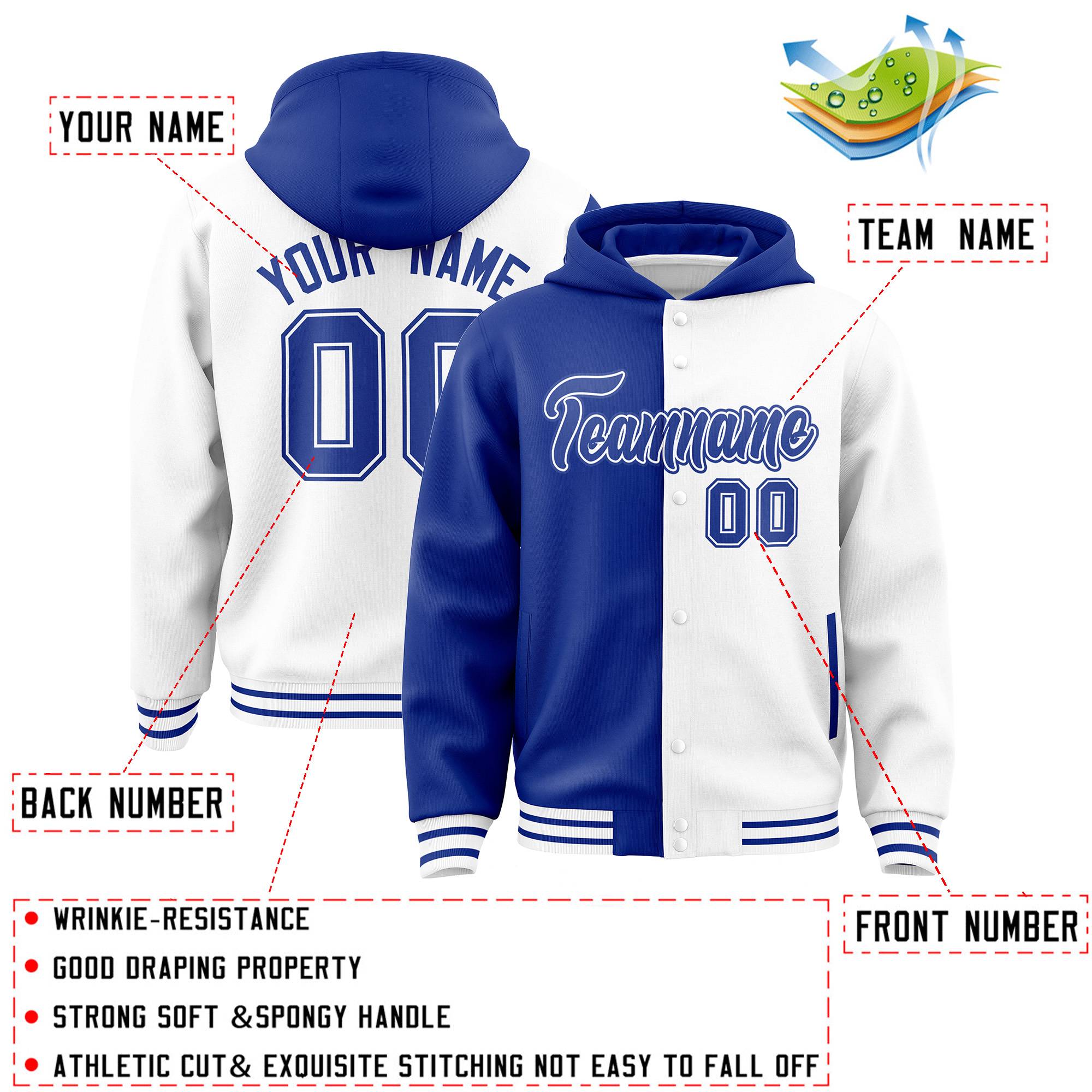 Custom Royal White Split Fashion Varsity Full-Snap Letterman Two Tone Jacket Hoodie