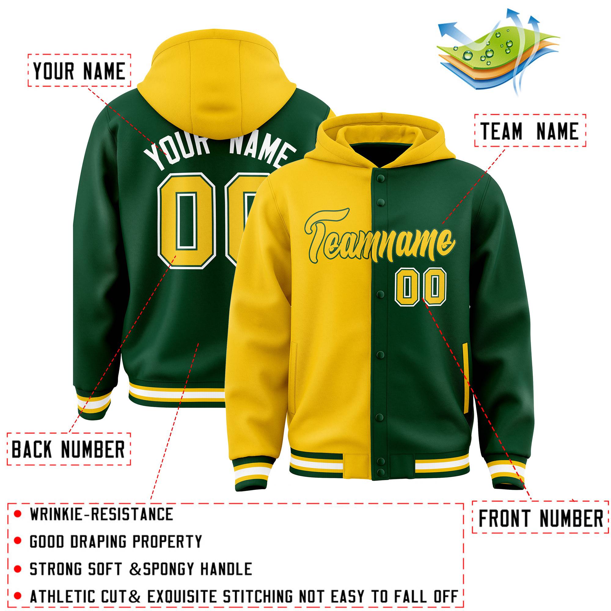 Custom Gold Green Split Fashion Varsity Full-Snap Letterman Two Tone Jacket Hoodie