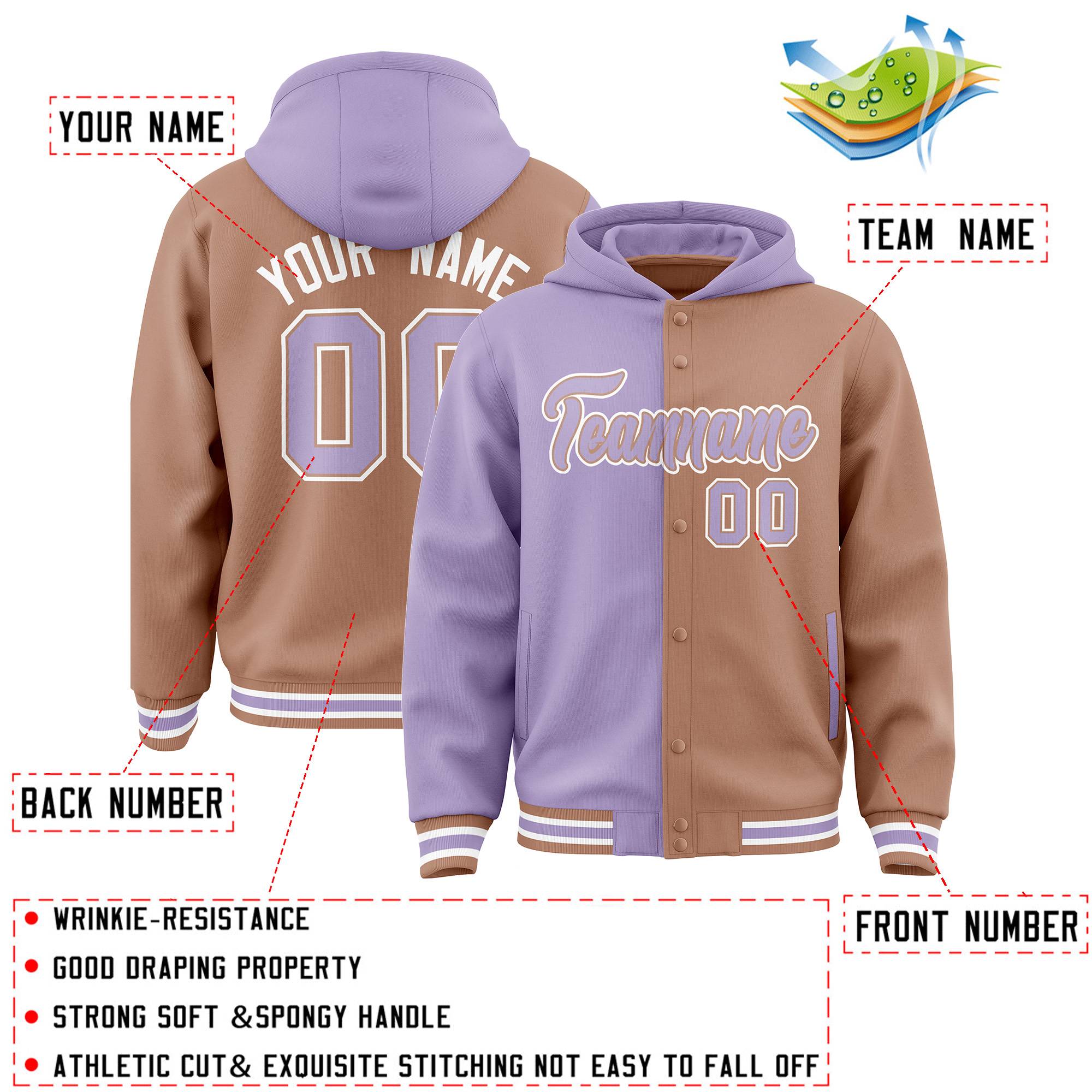 Custom Light Purple Light Brown Split Fashion Varsity Full-Snap Letterman Two Tone Jacket Hoodie
