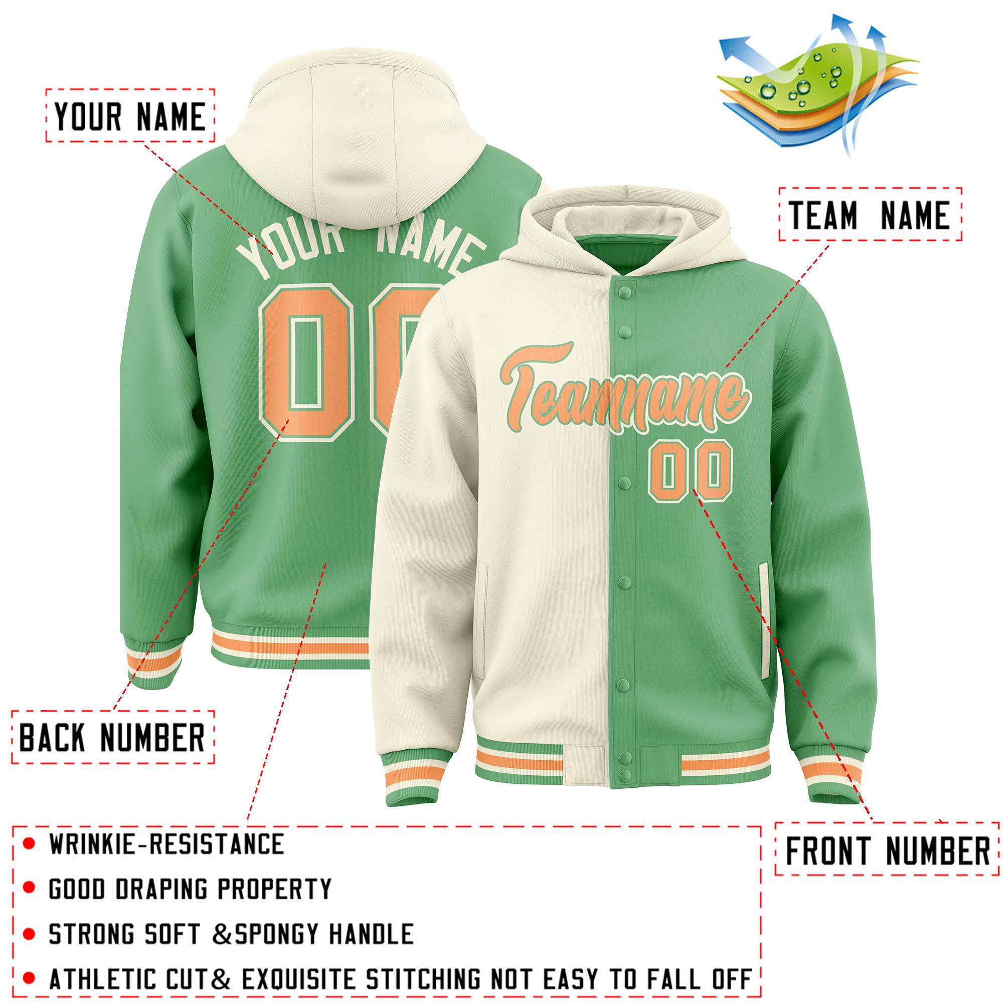 Custom Cream Green Split Fashion Varsity Full-Snap Letterman Two Tone Jacket Hoodie