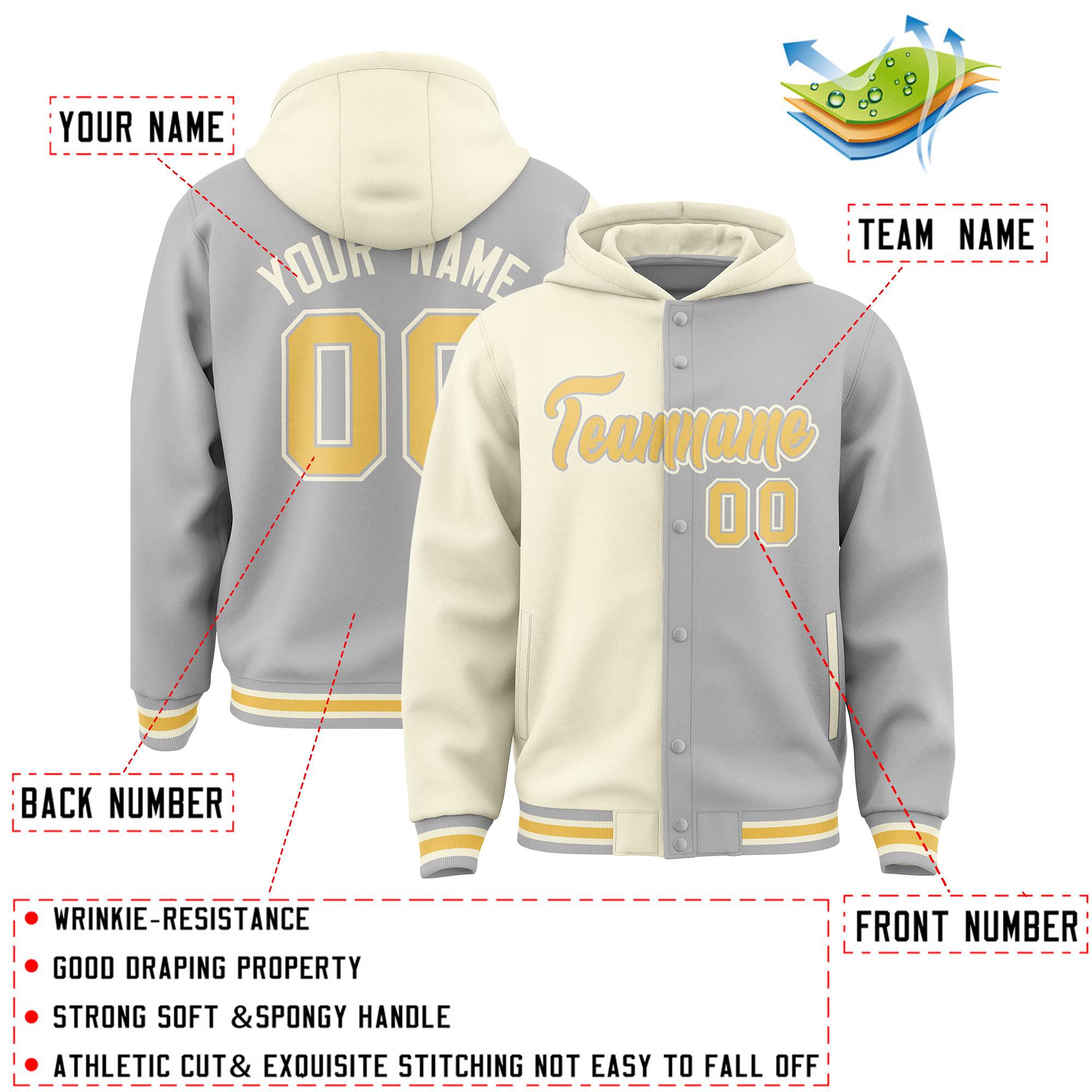 Custom Cream Gray Split Fashion Varsity Full-Snap Letterman Two Tone Jacket Hoodie