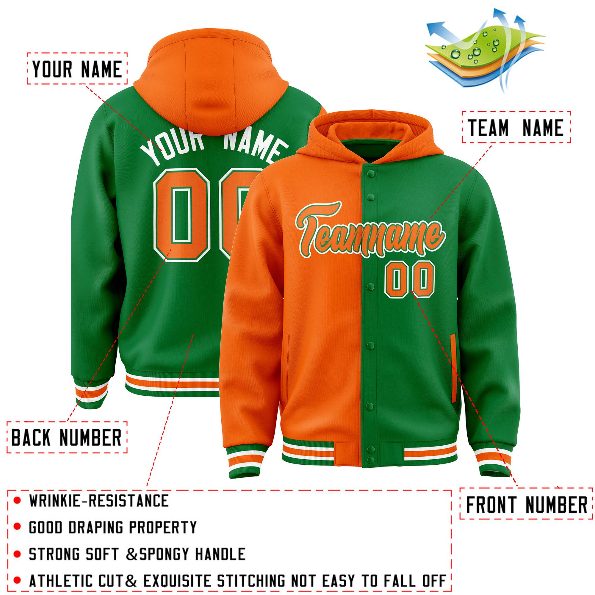 Custom Orange Kelly Green Split Fashion Varsity Full-Snap Letterman Two Tone Jacket Hoodie