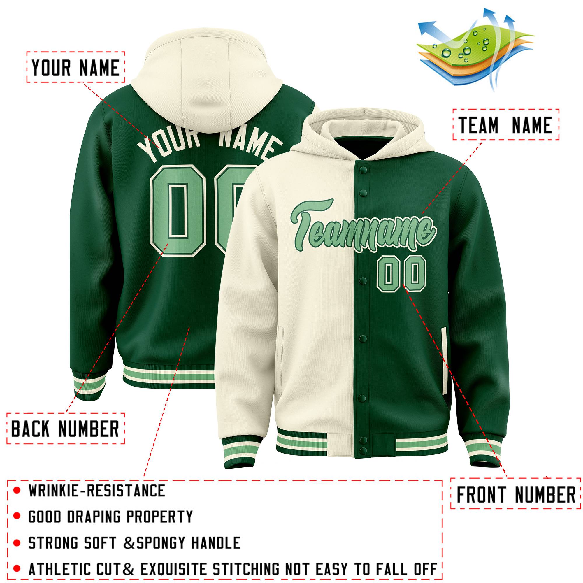 Custom Cream Green Split Fashion Varsity Full-Snap Letterman Two Tone Jacket Hoodie