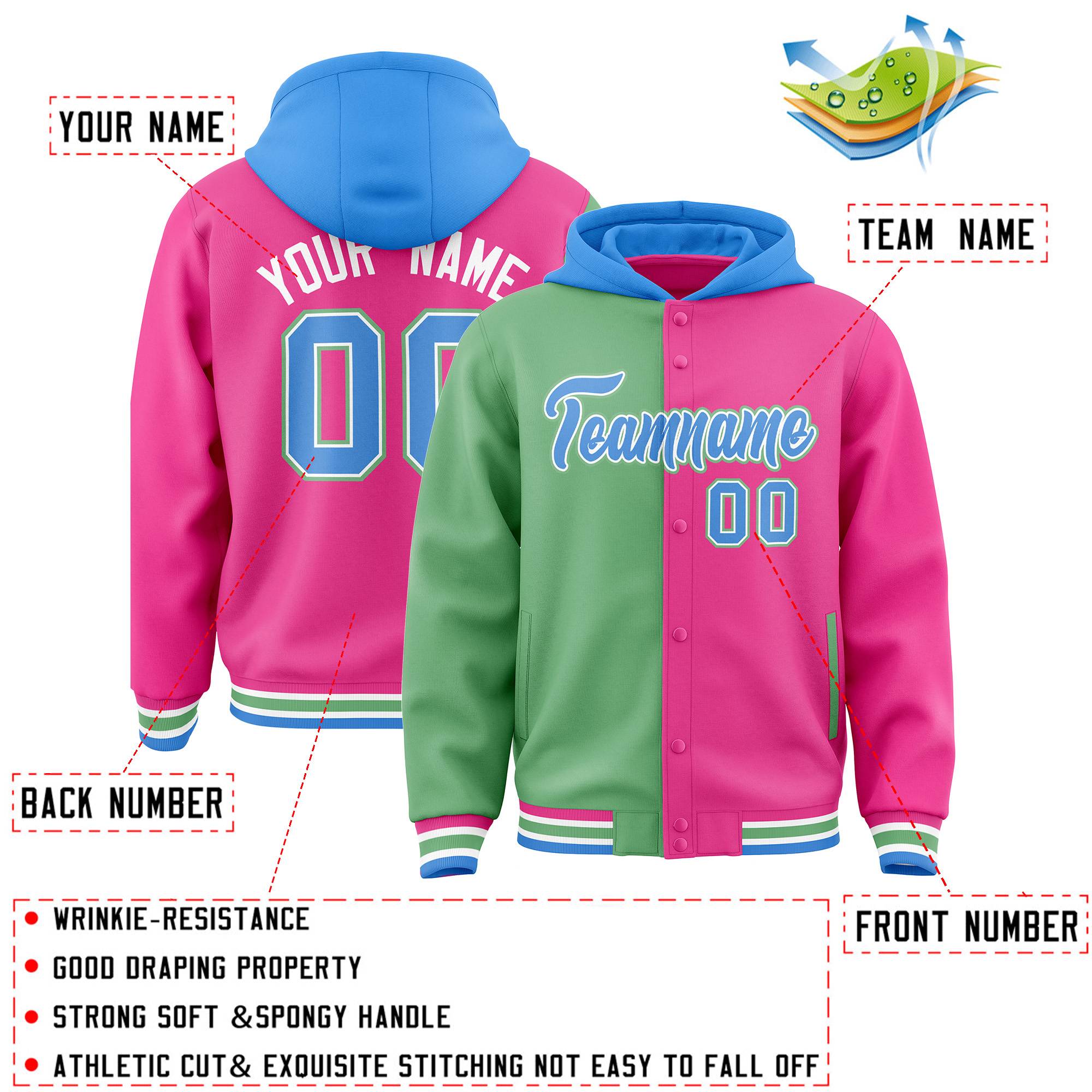 Custom Green Pink Split Fashion Varsity Full-Snap Letterman Two Tone Jacket Hoodie