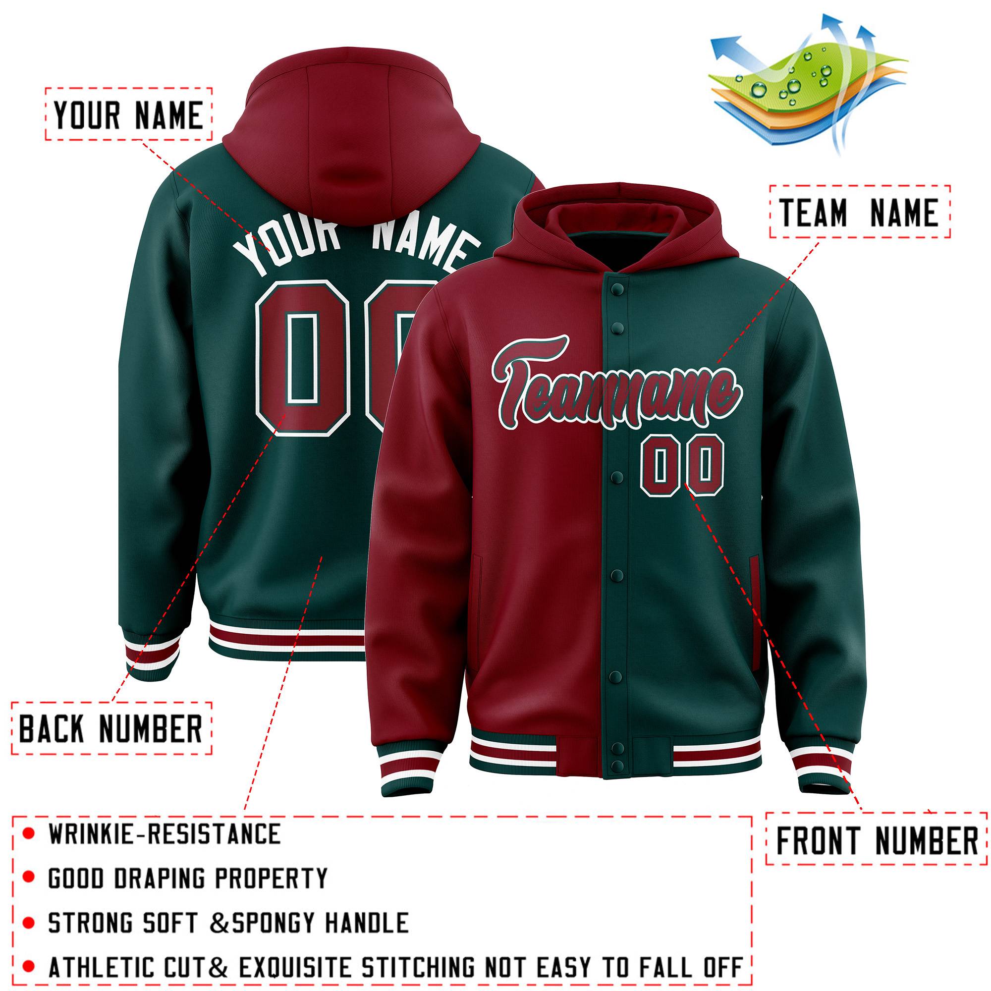 Custom Crimson Midnight Green Split Fashion Varsity Full-Snap Letterman Two Tone Jacket Hoodie