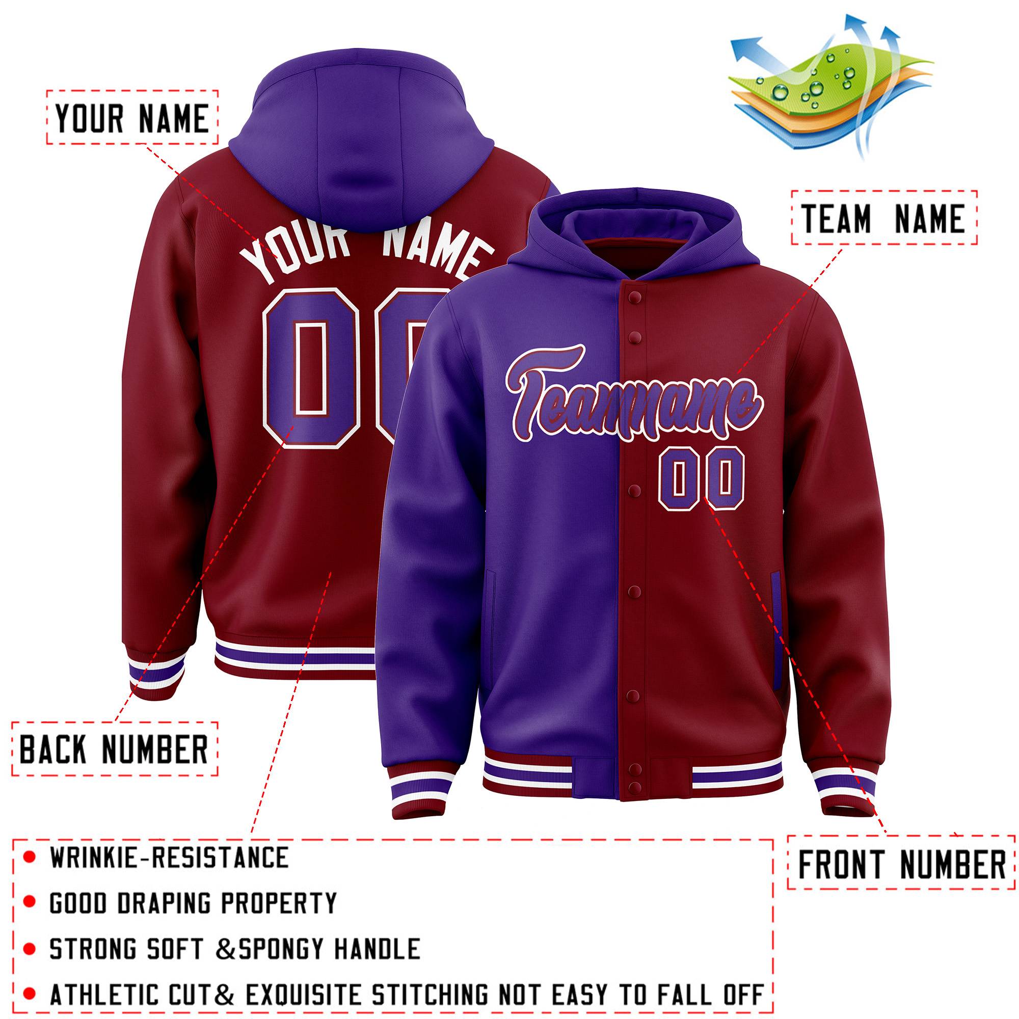 Custom Purple Crimson Split Fashion Varsity Full-Snap Letterman Two Tone Jacket Hoodie