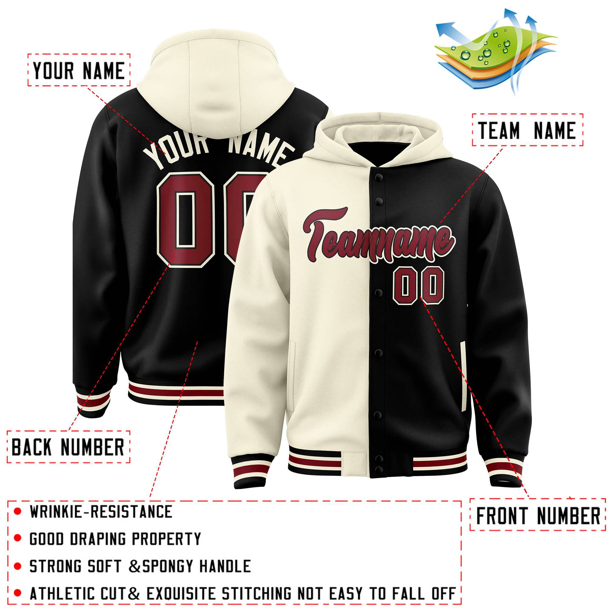 Custom Cream Black Split Fashion Varsity Full-Snap Letterman Two Tone Jacket Hoodie