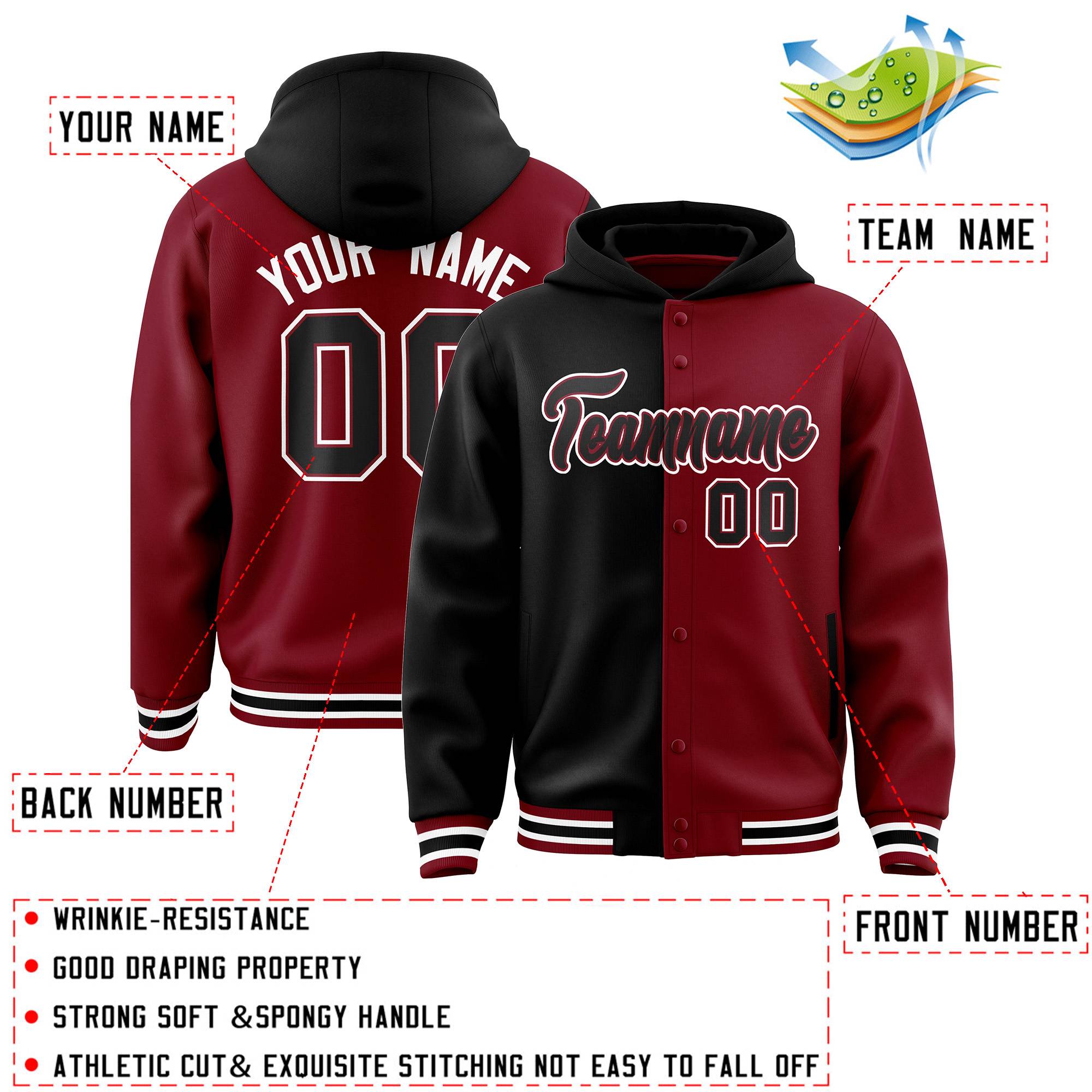 Custom Black Crimson Split Fashion Varsity Full-Snap Letterman Two Tone Jacket Hoodie