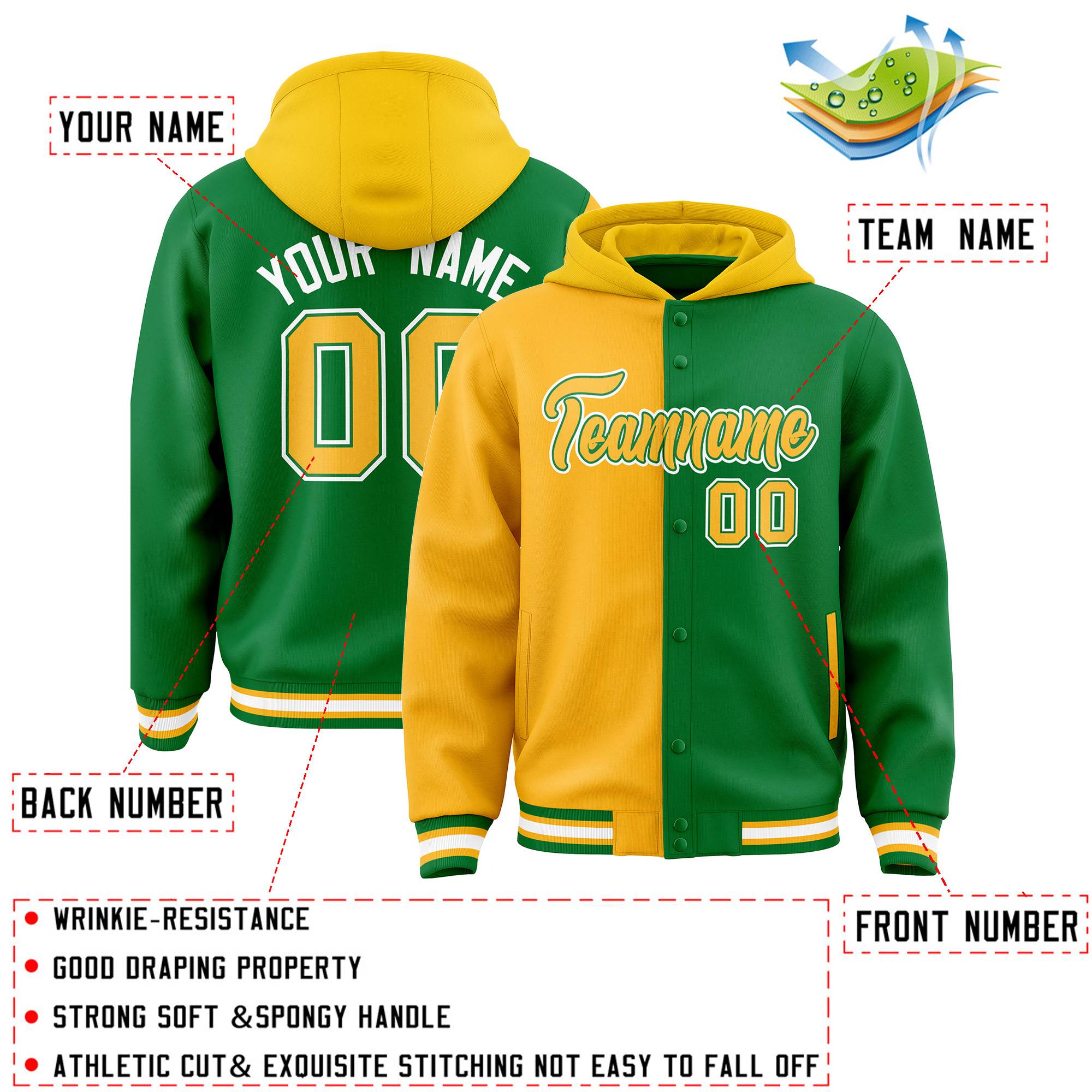 Custom Gold Kelly Green Split Fashion Varsity Full-Snap Letterman Two Tone Jacket Hoodie