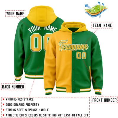 Custom Gold Kelly Green Split Fashion Varsity Full-Snap Letterman Two Tone Jacket Hoodie
