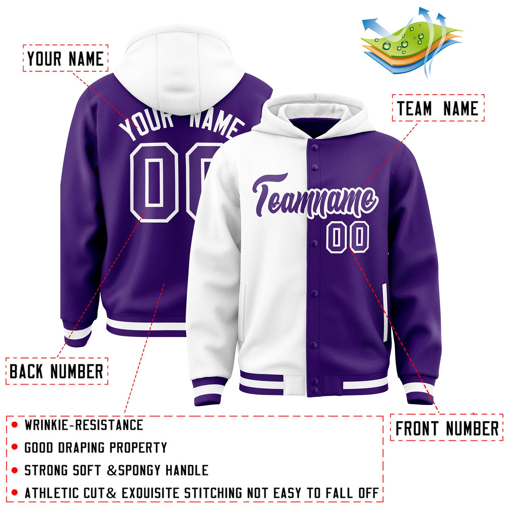 Custom White Purple Split Fashion Varsity Full-Snap Letterman Two Tone Jacket Hoodie