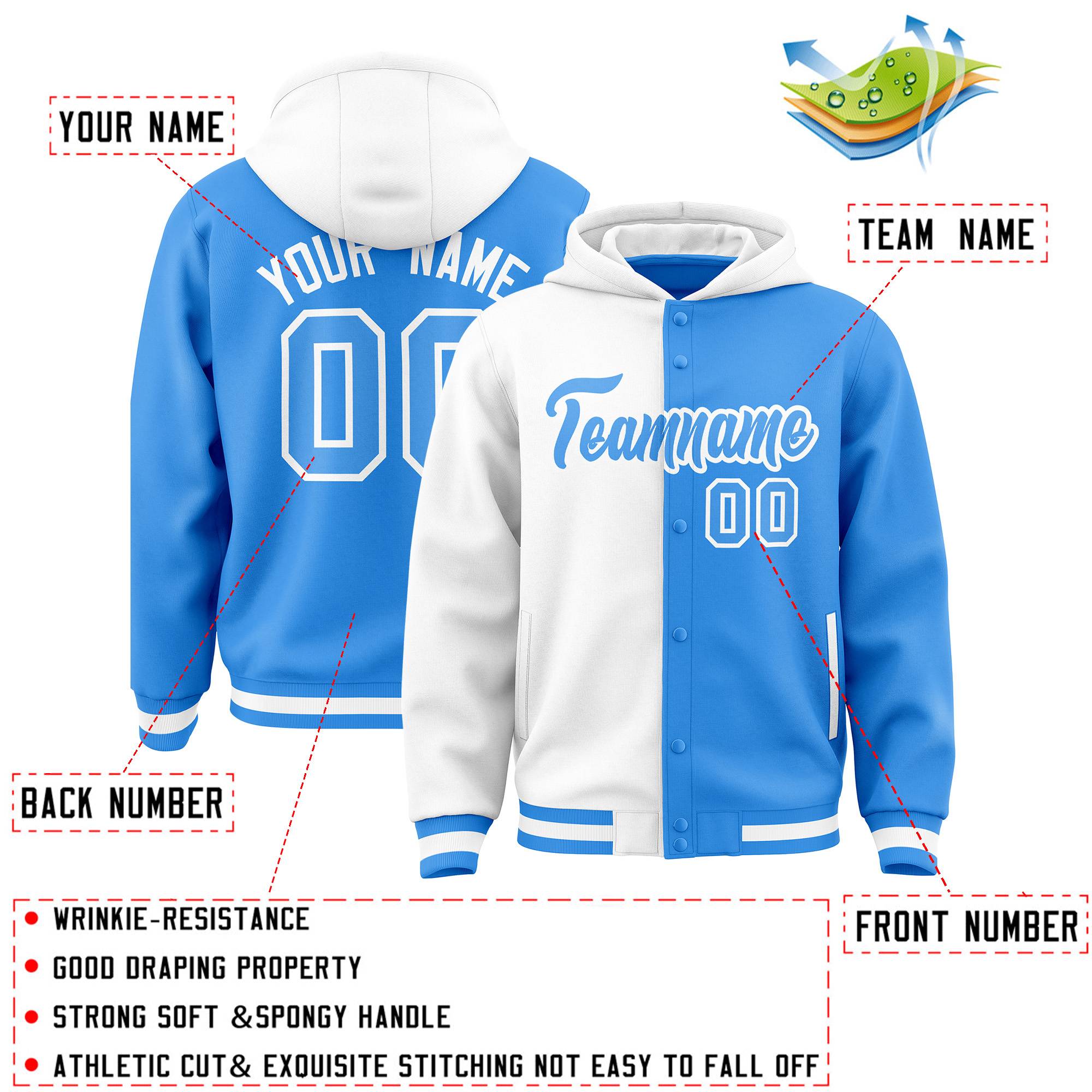 Custom White Powder Blue Split Fashion Varsity Full-Snap Letterman Two Tone Jacket Hoodie