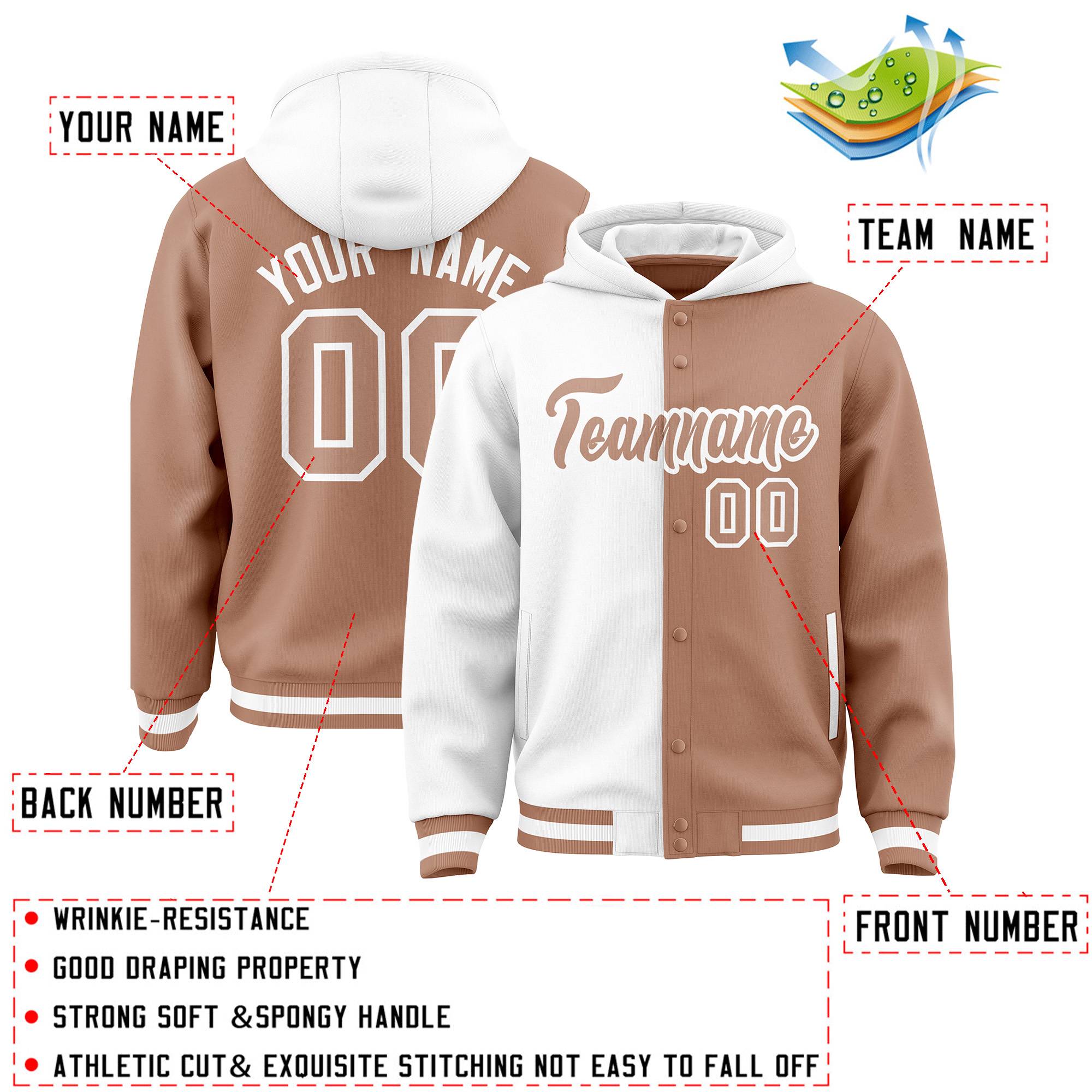 Custom White Light Brown Split Fashion Varsity Full-Snap Letterman Two Tone Jacket Hoodie