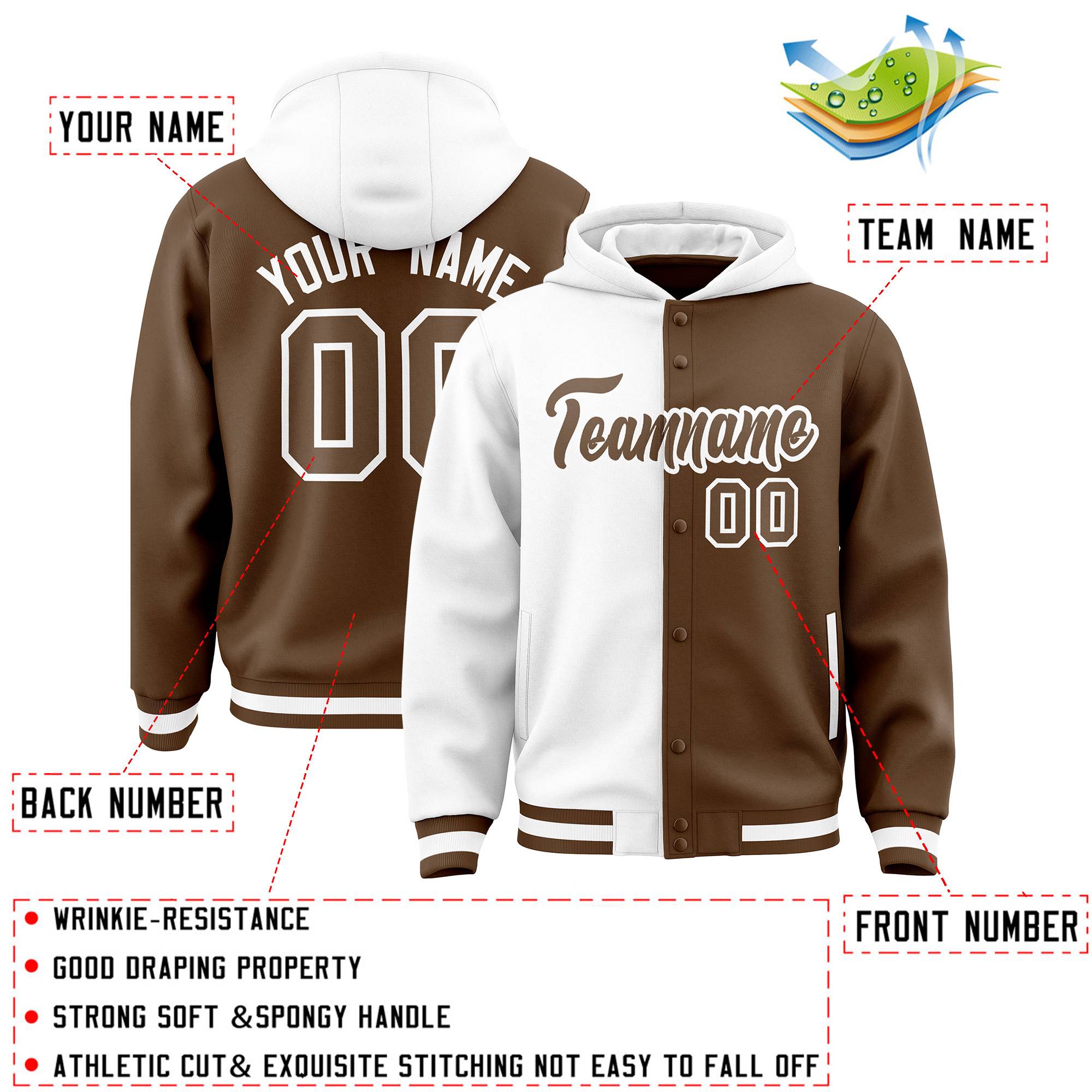 Custom White Light Brown Split Fashion Varsity Full-Snap Letterman Two Tone Jacket Hoodie