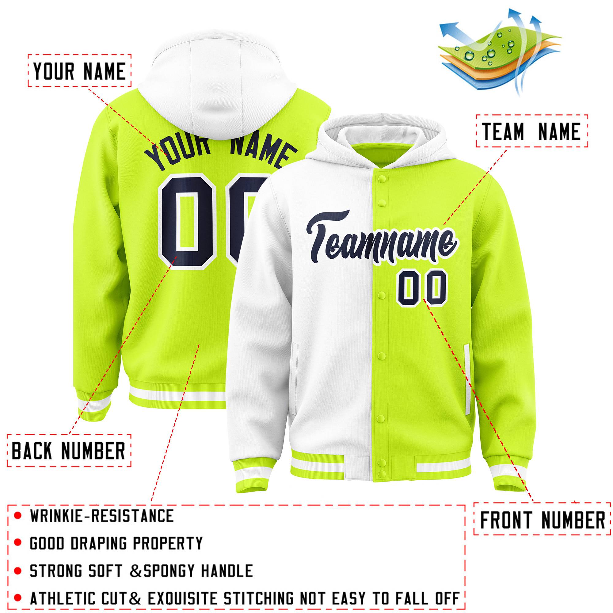 Custom White Neon Green Split Fashion Varsity Full-Snap Letterman Two Tone Jacket Hoodie