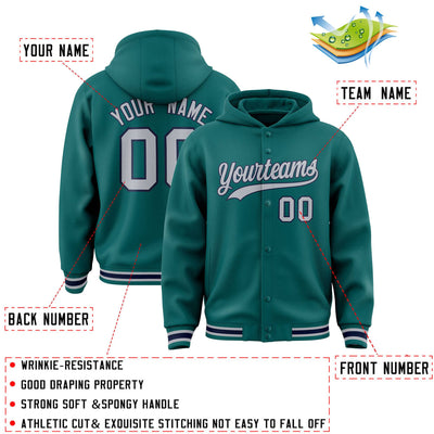 Custom Aqua Gray-Navy Varsity Full-Snap Letterman Classic Jacket Hoodie